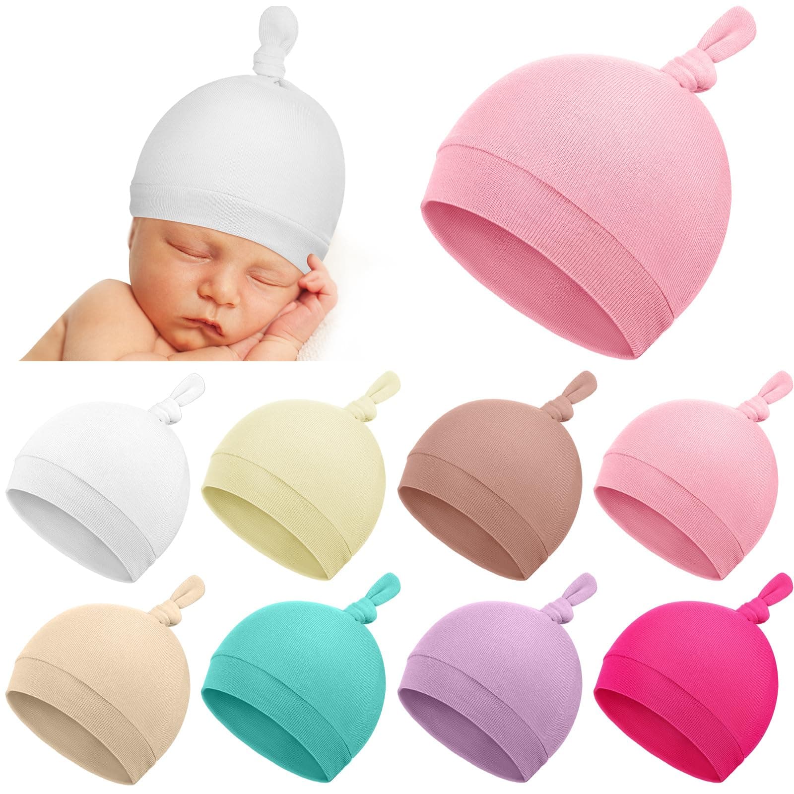 Suhine 8 Pcs Preemie Hats for Baby Girls Cotton Premature Knot Hats Newborn Hospital Cap Warm Knot Beanie Nicu for Preemie Girls and Boys, Classic Colors, One Size