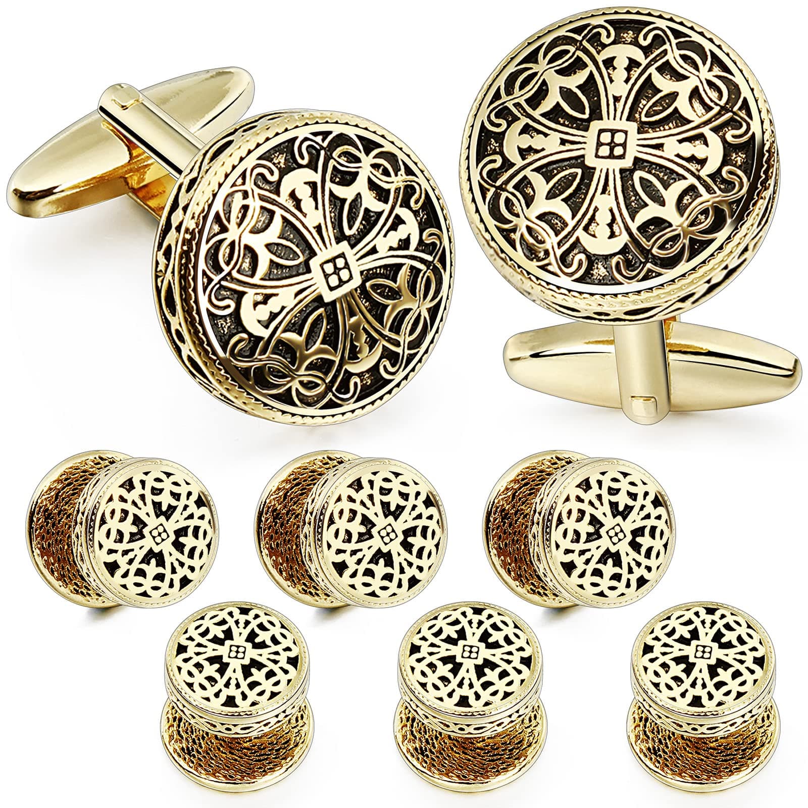 HAWSON Retro Pattern Cufflinks and Tuxedo Shirt Studs Set for Men Birthday Party with Gift Box