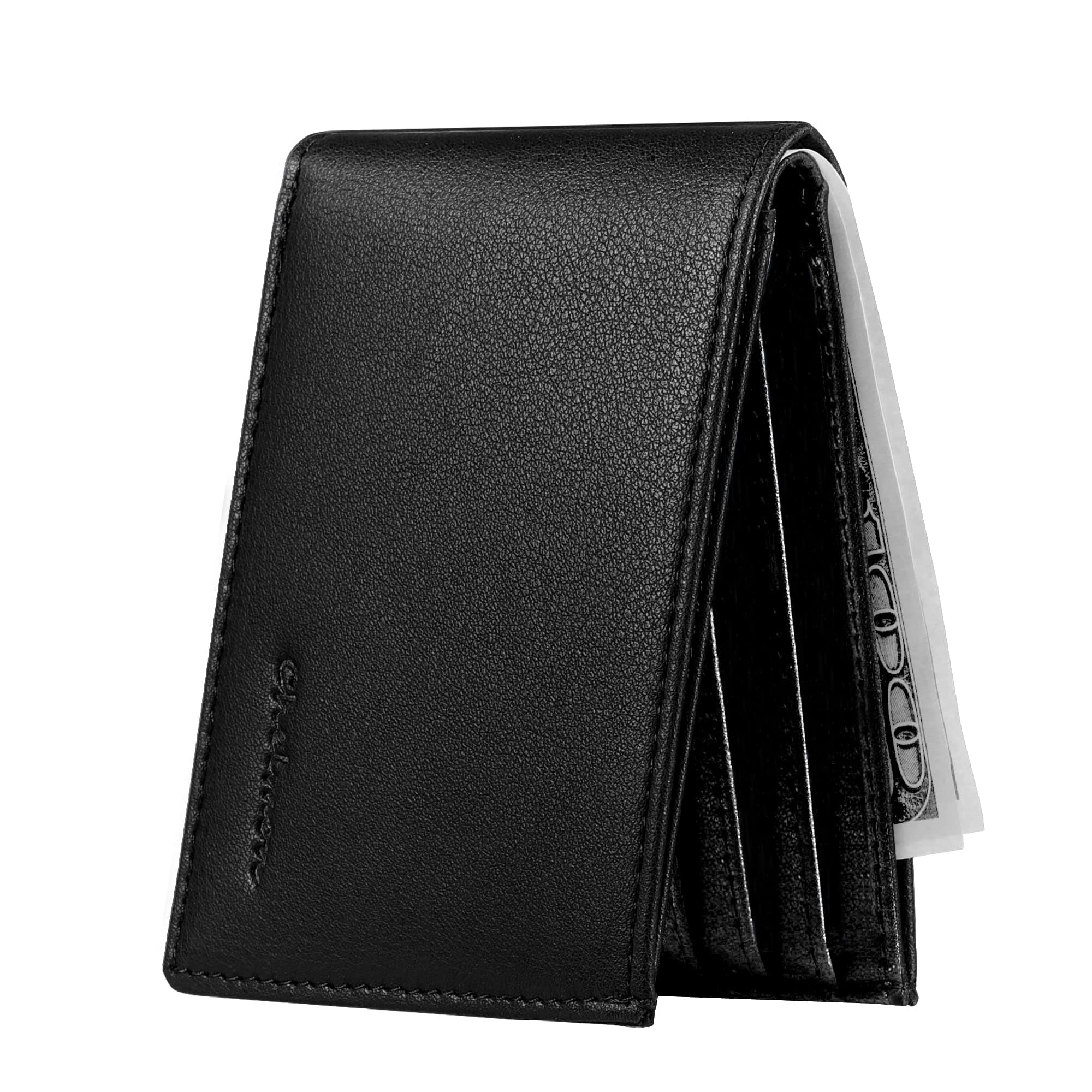 Chelmon Ultimate Slim Mini Wallet Front Pocket Minimalist Wallet Bifold Genuine Leather RFID Blocking (ID slot black)
