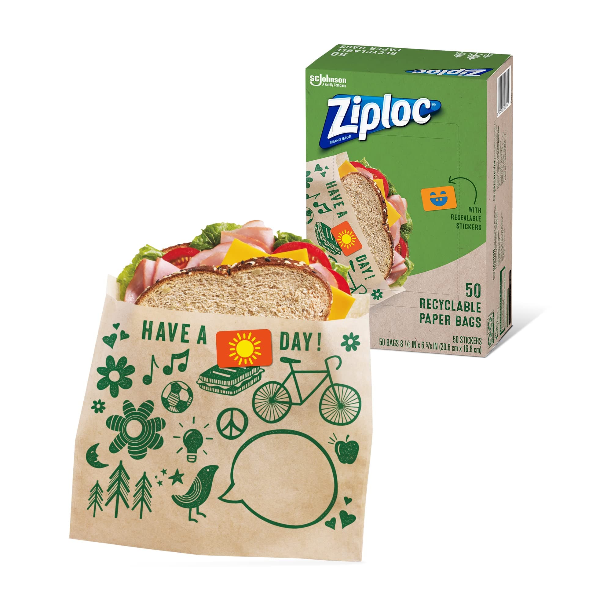 SC Johnson Ziploc Ziploc Brand Recyclable+Sealable Paper Sandwich Bags, 50 Count, 3 Inches, 17.96 Cm, Multicolor
