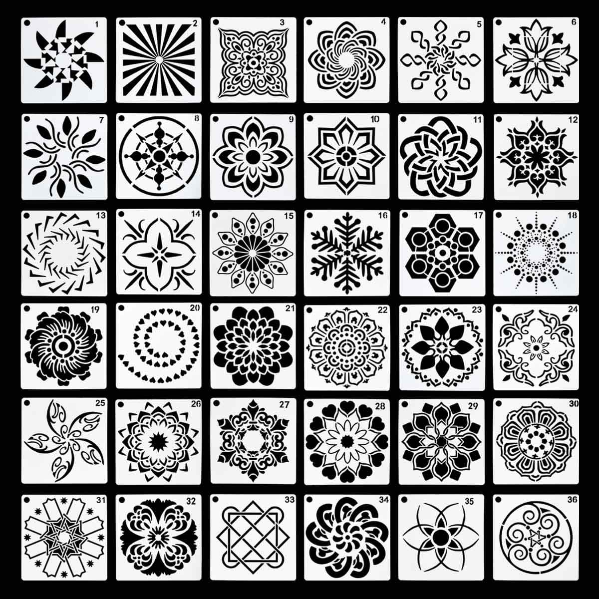 36 Pack Mandala Stencils (3.6x3.6 Inch) Mandala Dotting Painting Template Stencils Set for Painting Perfect for DIY Rock Painting Art Projects Wood Wall Floor Fabric Stone Furniture Tile (Reusable)