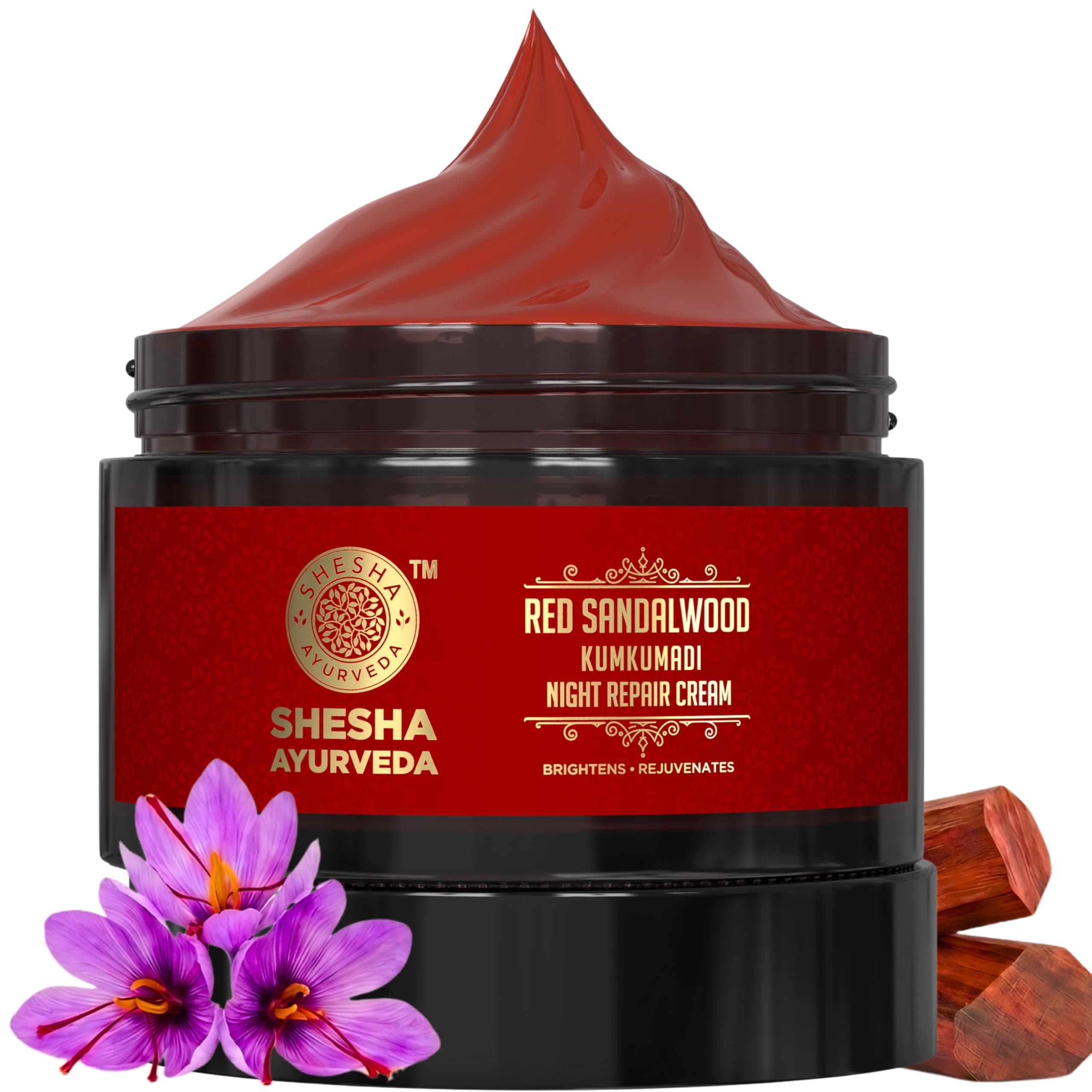 Shesha Ayurveda Red Sandalwood Skin Brightening & Night Repair Cream For Men & Women – For Natural, Anti-Aging, Hydrating, And Radiant Skin, Natural, Ayurvedic