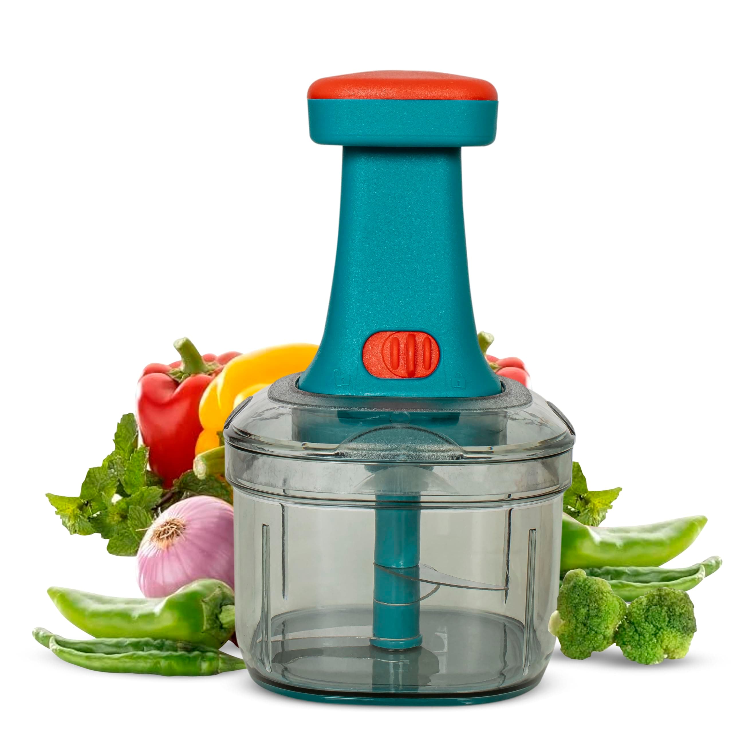 TEKCOOL Manual Hand Press Push Chopper with 6 Blades for Effortless Chopping Vegetables & Fruits (Assorted, 650 ml, Plastic),