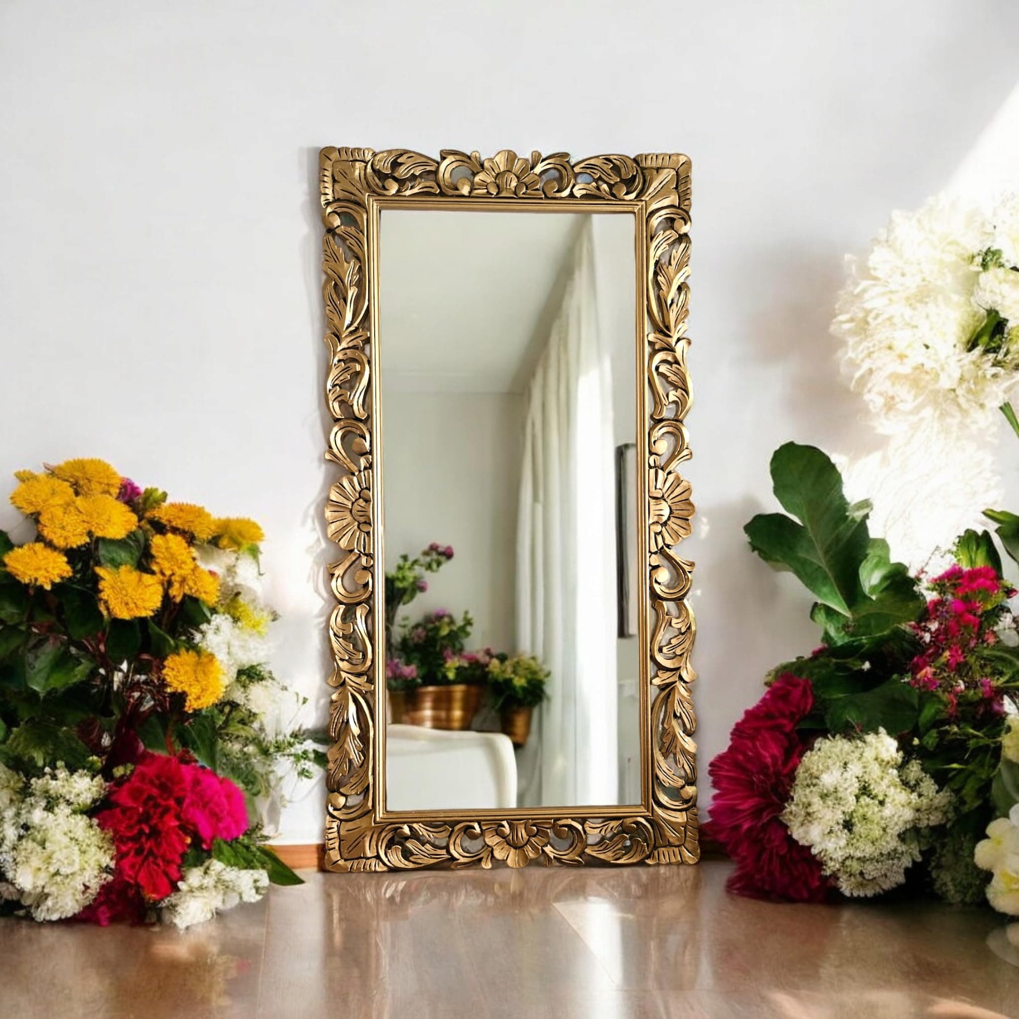 AESTHETIC DECOR Wooden Carved_Wall Mirror Frame_Full Length_RECTANGLUAR_Floor