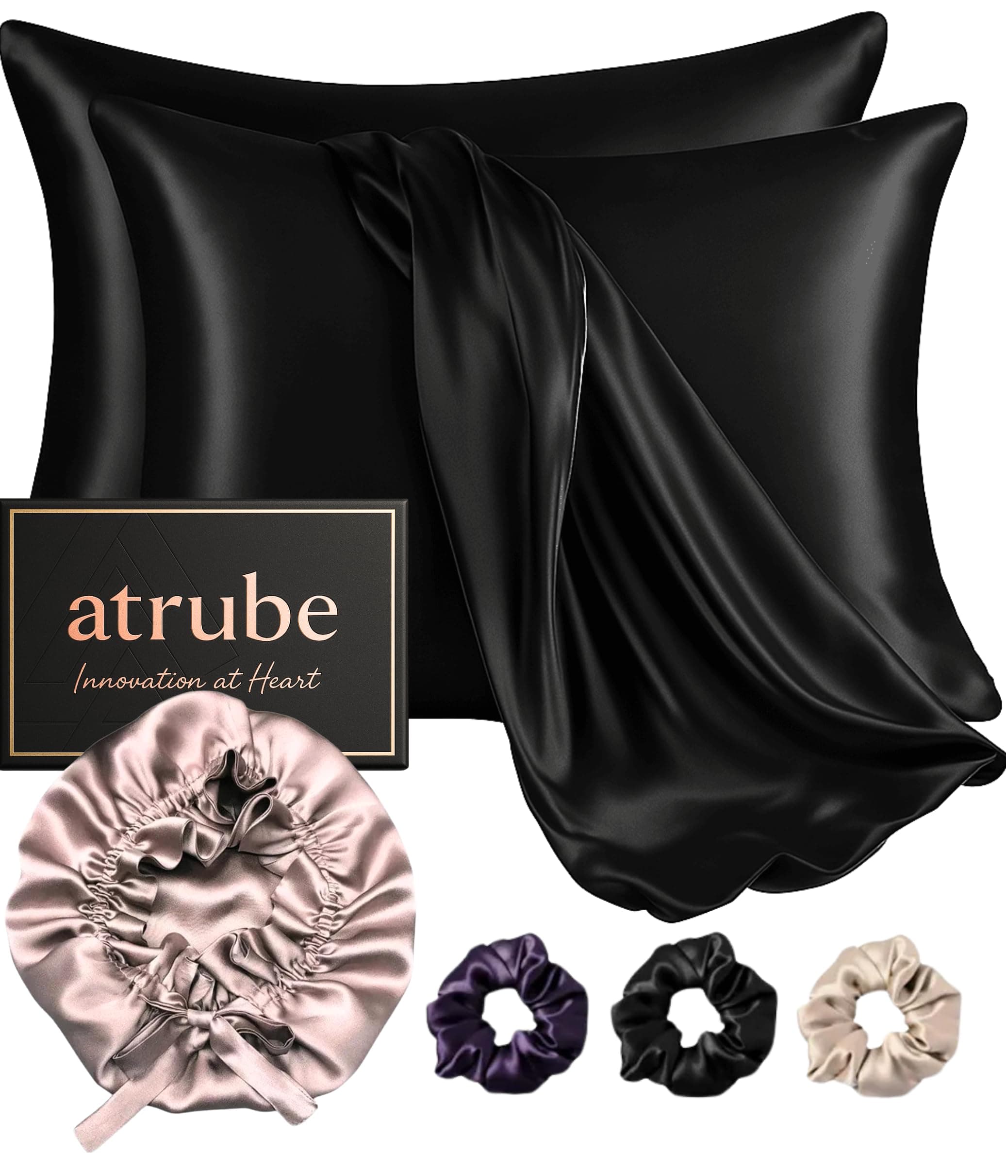 Atrube Satin Silk Pillow Covers for Hair and Skin, Pack of 2 Satin Pillow Cover with 3 Satin Scrunchies for Women, Luxurious Silk Pillow Covers with Hair Scalp Massager Shampoo Brush and scrunchies