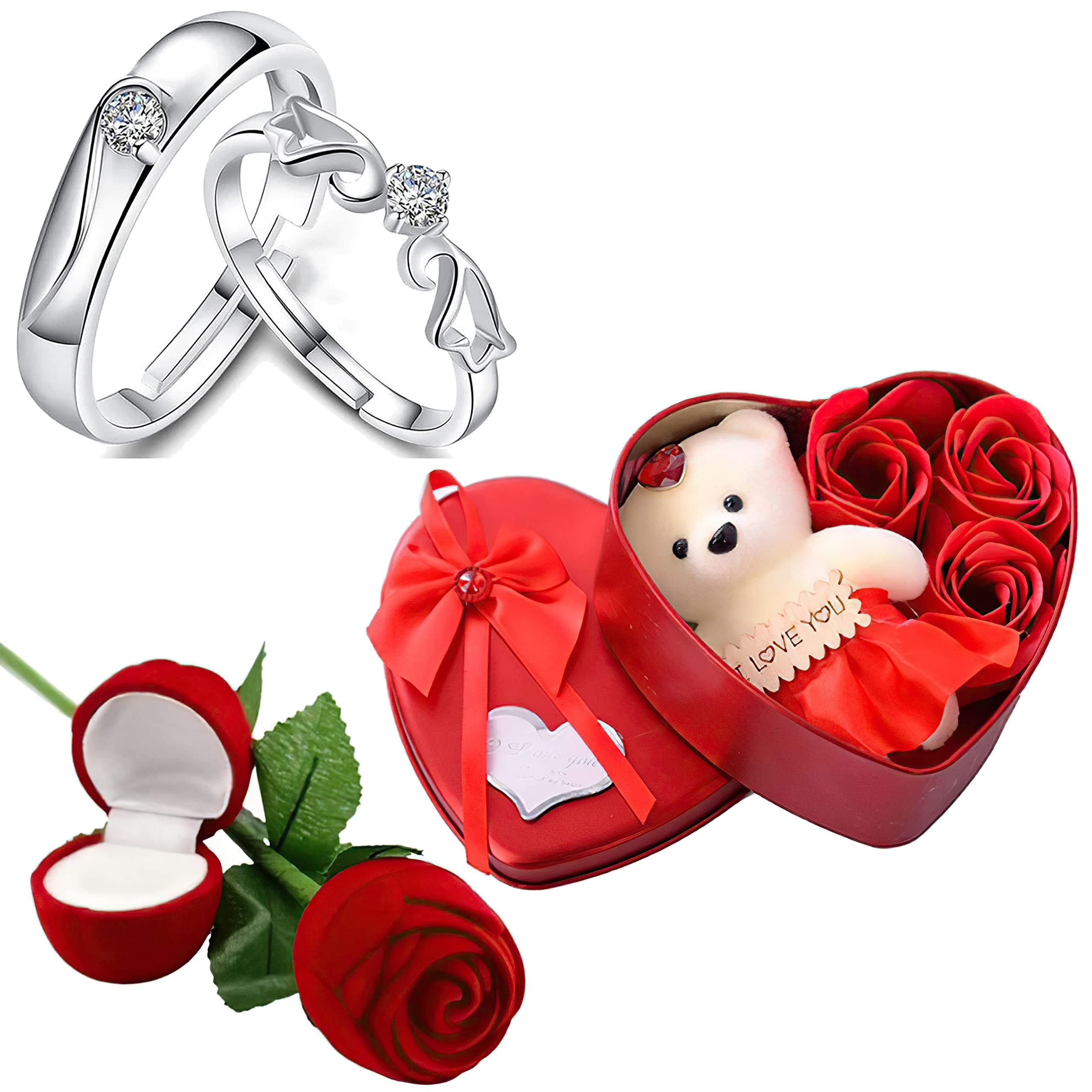 Fashion Frill Valentine Gift For Girlfriend Crystal Heart Silver Couple Ring Red Rose Ring For Women Girls Men Boys Valentine's day Gift Heartbox with Teddy Gifts For Wife Boyfriend