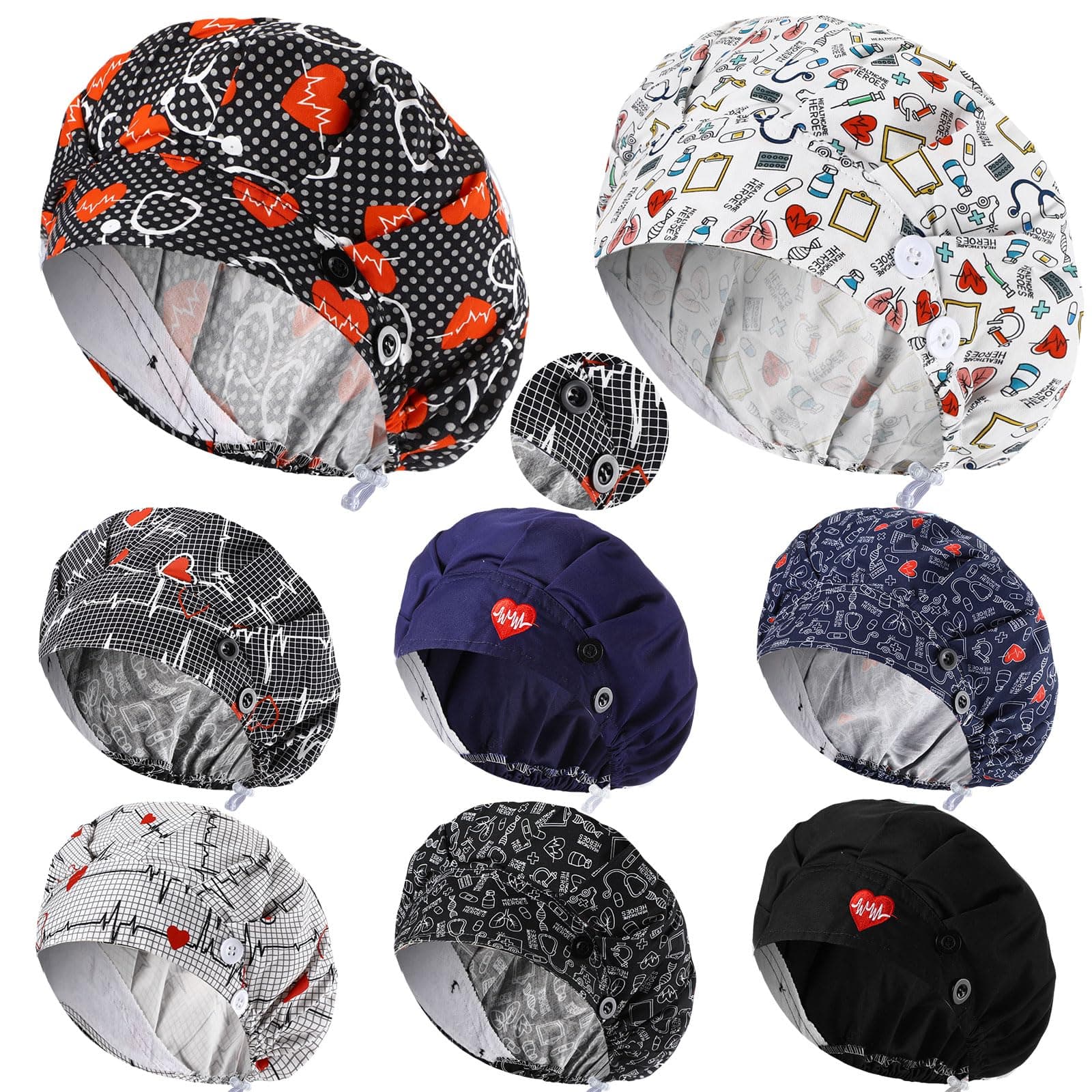 Handepo 8 Pieces Bouffant Caps with Button Adjustable Nurse Hats Breathable with Sweatband Dental Scrub Caps, 8 Styles