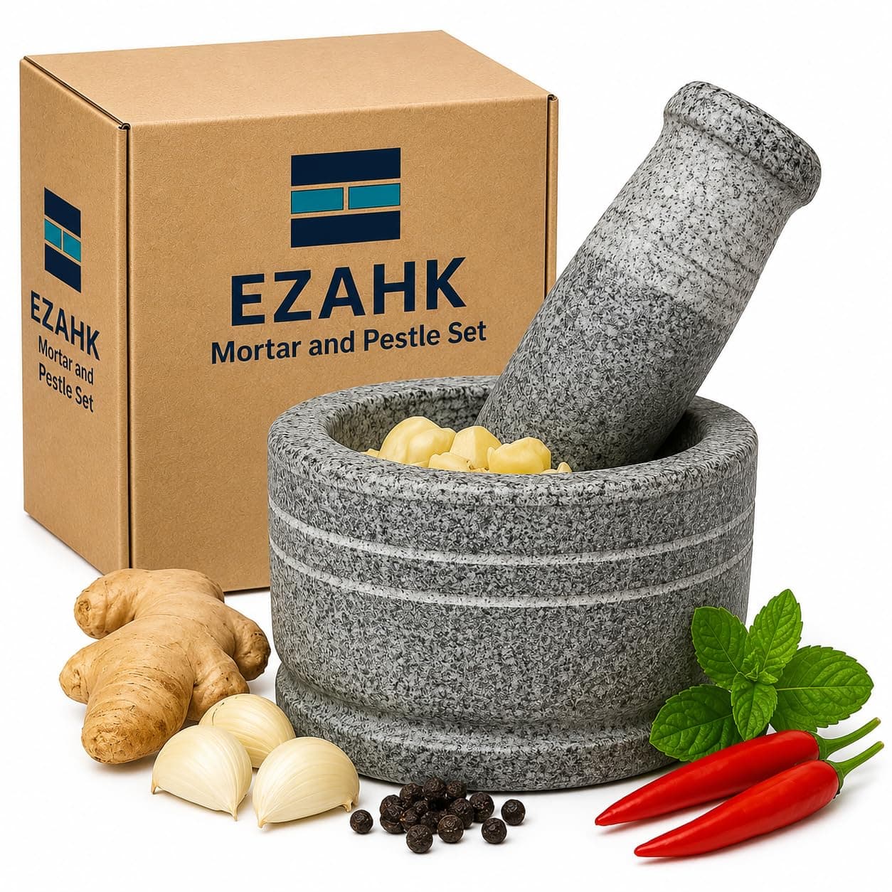 EZAHK Zaina Stone Mortar and Pestle Sets - Okhli, Heavy Duty Stone, Natural Grinder and Musal, Khalbatta, Well Design for Kitchen Spices, Home, Traditional Iteam (4 in)
