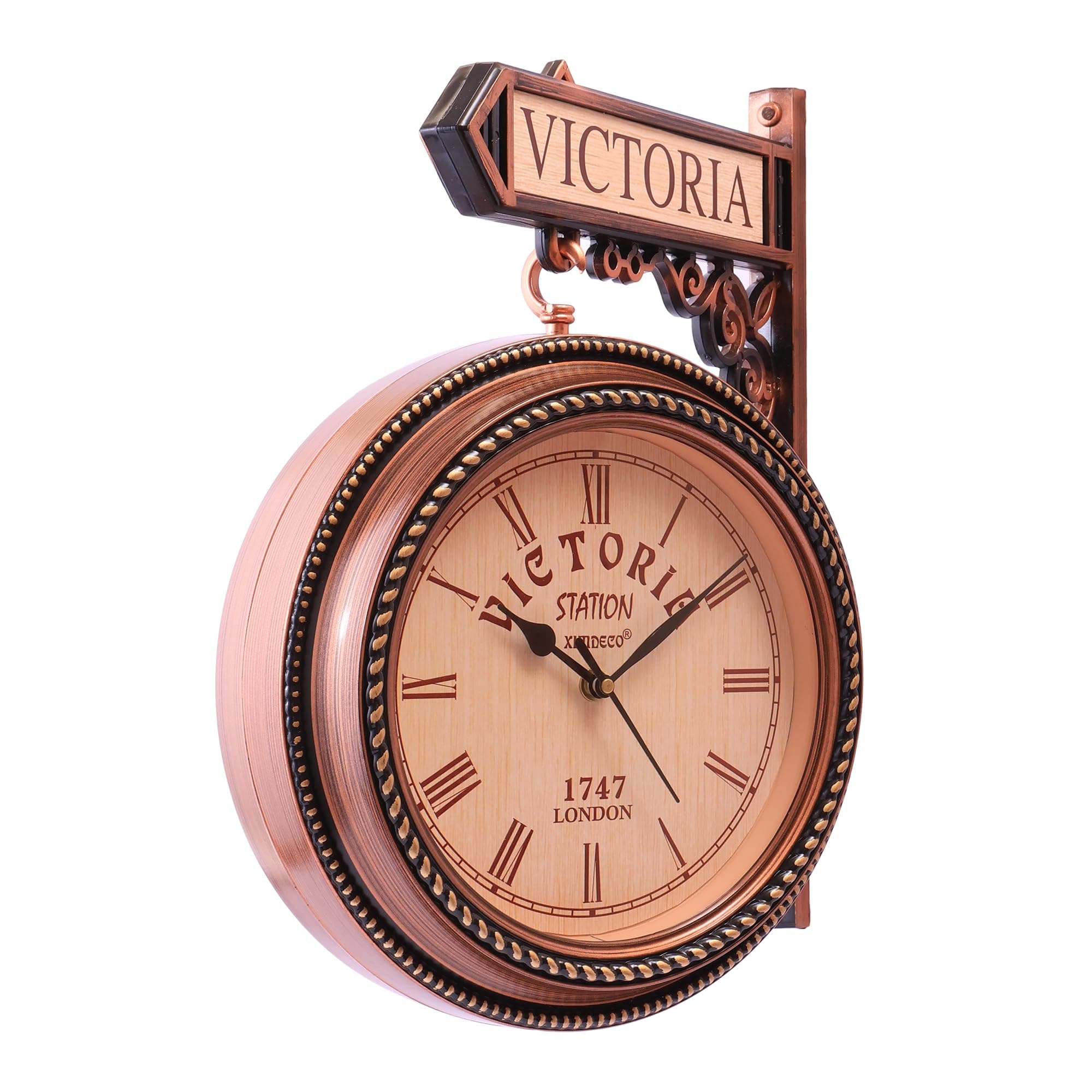 Ximdeco® Golden Plastic Wooden Pattern Replica Dual Side Victoria Station Wall Clock Hanging Style Platform Railway Clock Home Decor