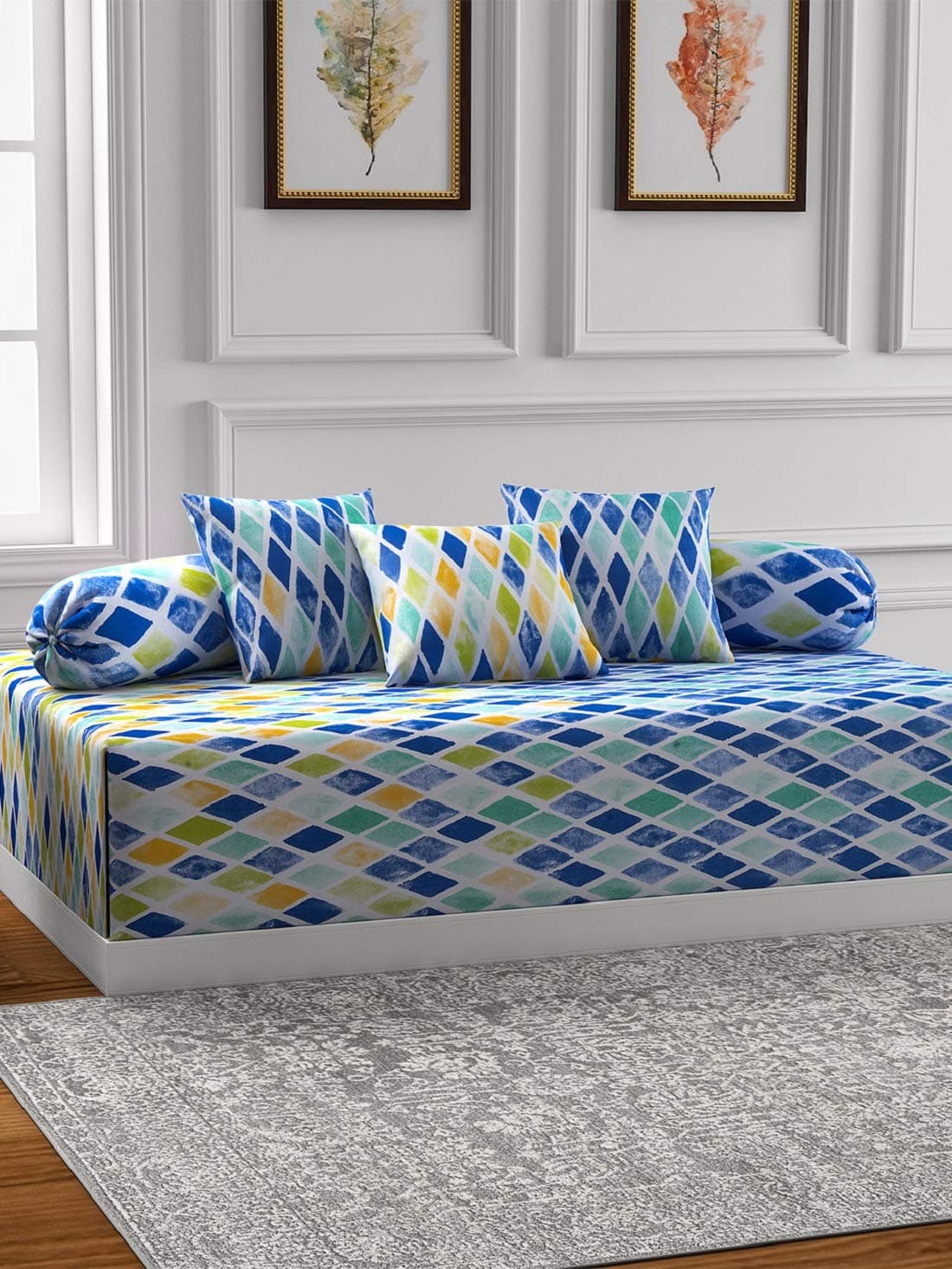 Swayam Diwan Set Cotton 6 Piece Diwan Printed Bedsheet Set for Living Room Hall (Set o 6 Piece, 1 Diwan Sheet 2-Bolster Cover | 3 Cushion Covers) Soft Feel,Blue