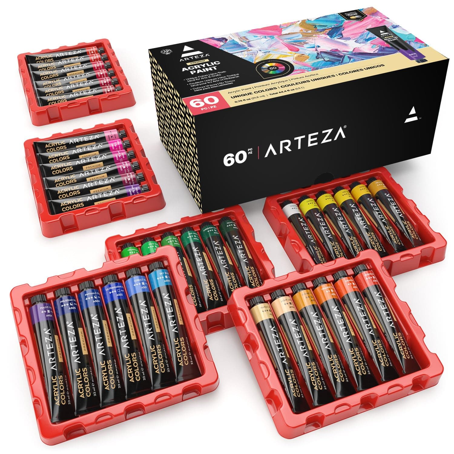 Arteza Acrylic Paint Set, 60 Colors/Tubes (22 ml, 0.74 oz.) with Storage Box, Rich, Pigments, Non Fading, Non Toxic for the Professional Artist, Hobby Painters & Kids