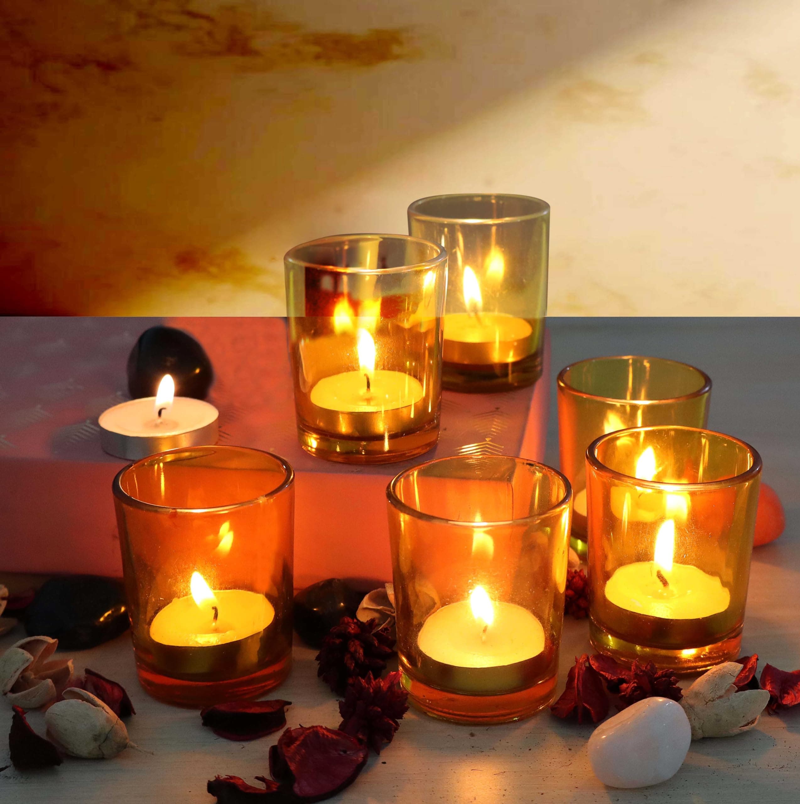 Pure Source India Glass Votive Tealight Candle Holder for Diwali Gifts, Birthday, Weeding, Party & Home Décor (Set of 6 pcs - Yellow)
