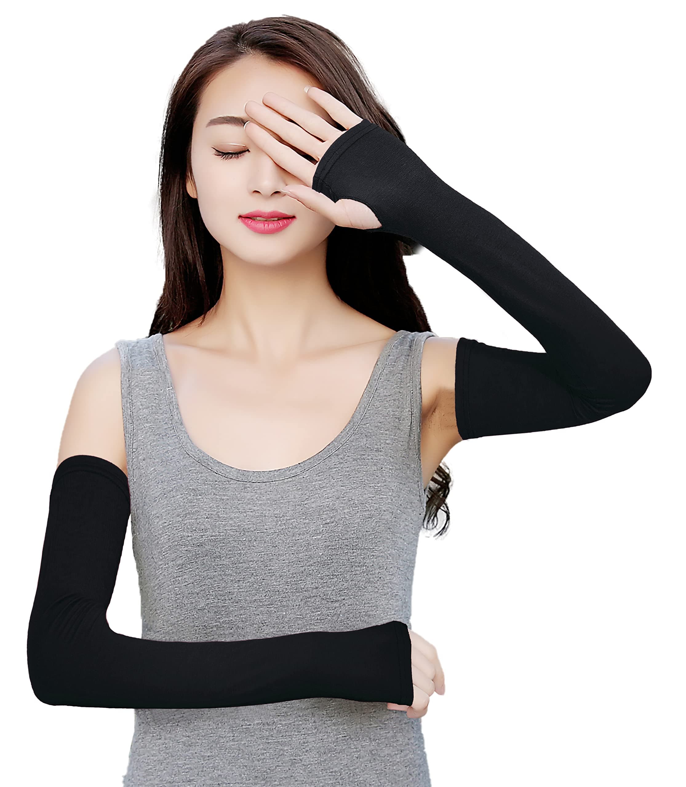 Women Stretchy Long Sleeve Fingerless Gloves, Black, One Size