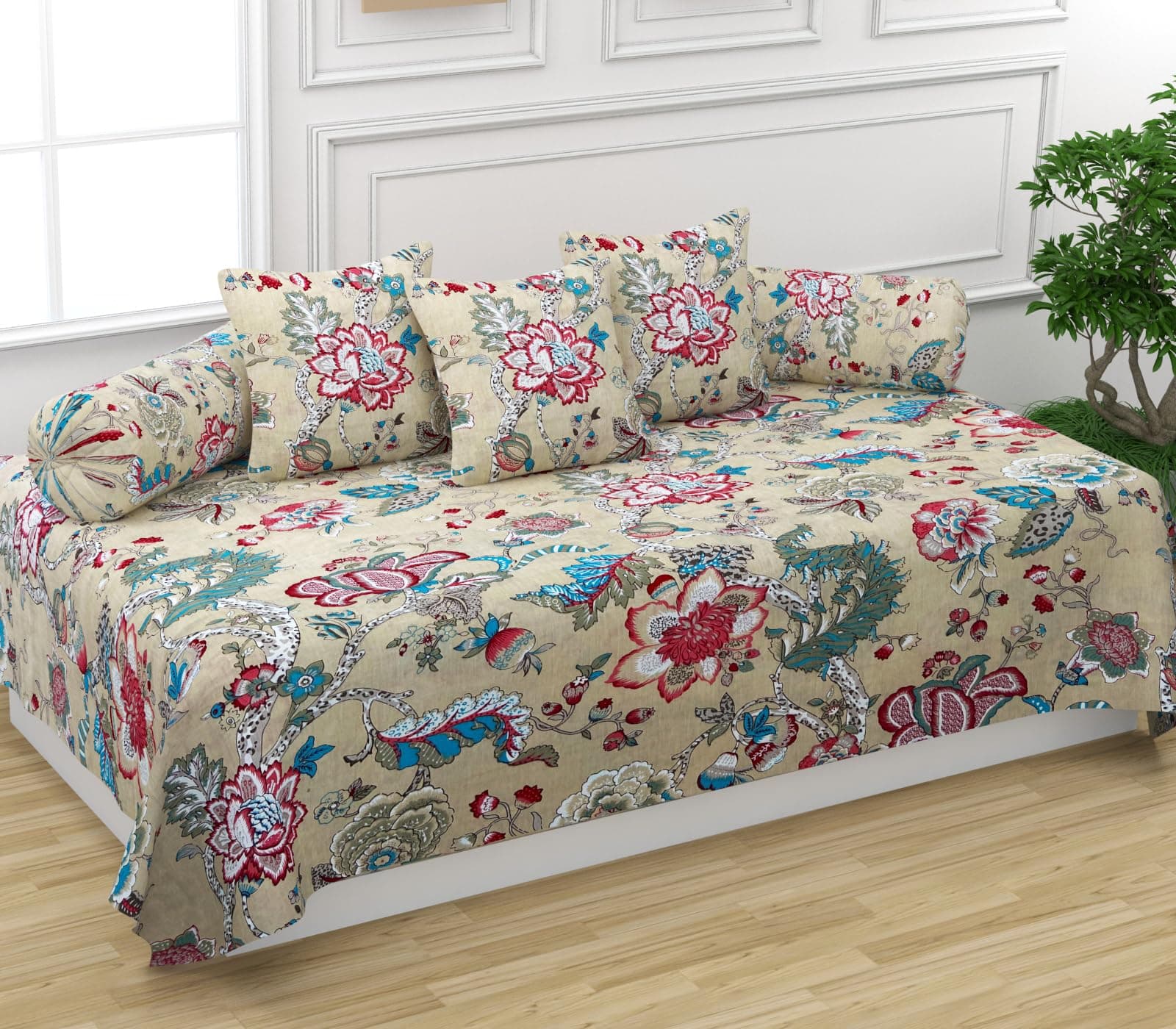 Trance Home Linen 144TC Diwan Set 100% Cotton 6 Piece | Deewan Printed Bedsheet Sets (Set of 6 Pc,1 Bed Sheet 54x88 Inch | 2-Bolster Cover 16x32 Inch | 3-Cushion Cover 16x16 Inch) Malhaar Red