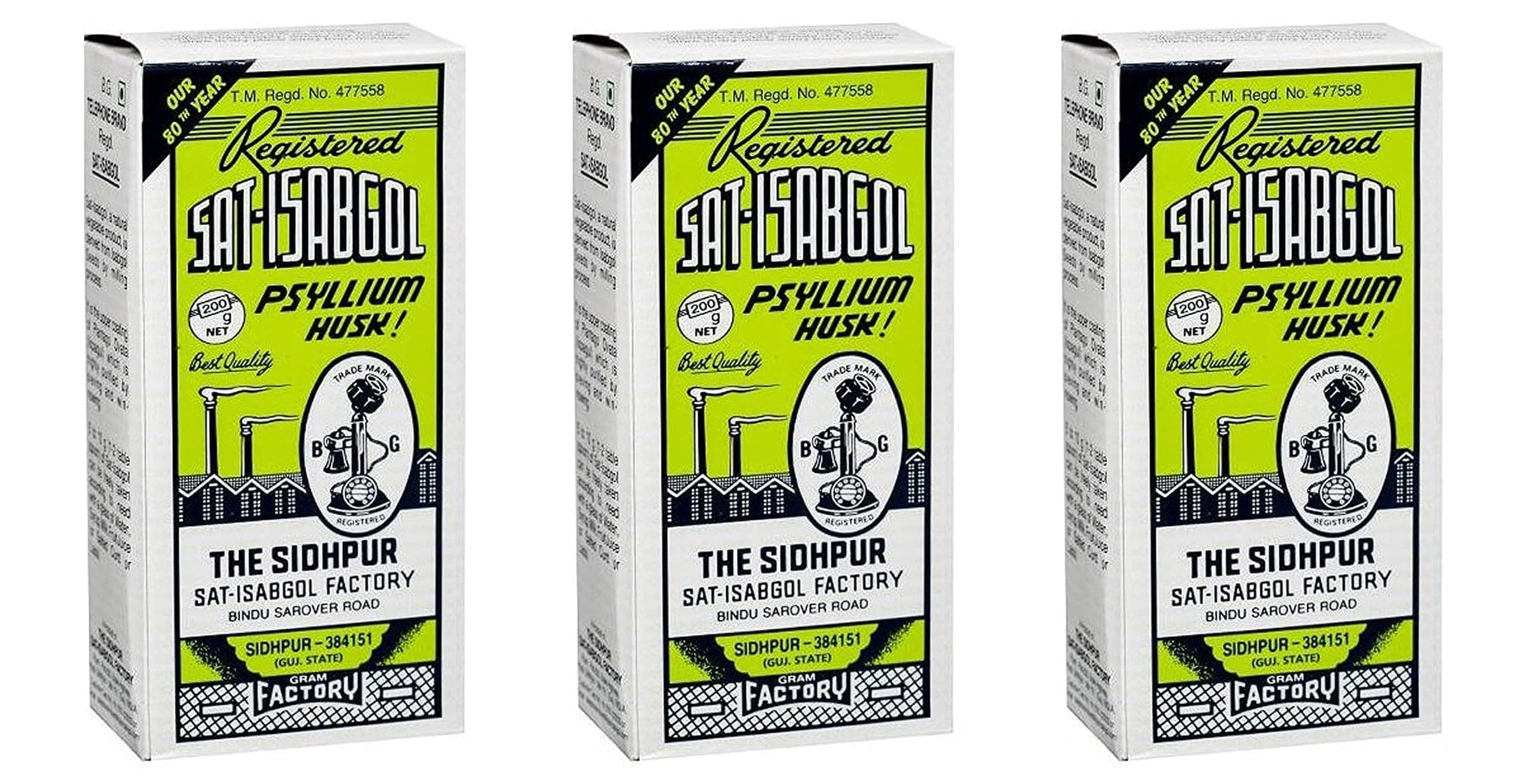 Telephone Brand Psyllium Husk (Sat-Isabgol) 200 Gram 3 Pack