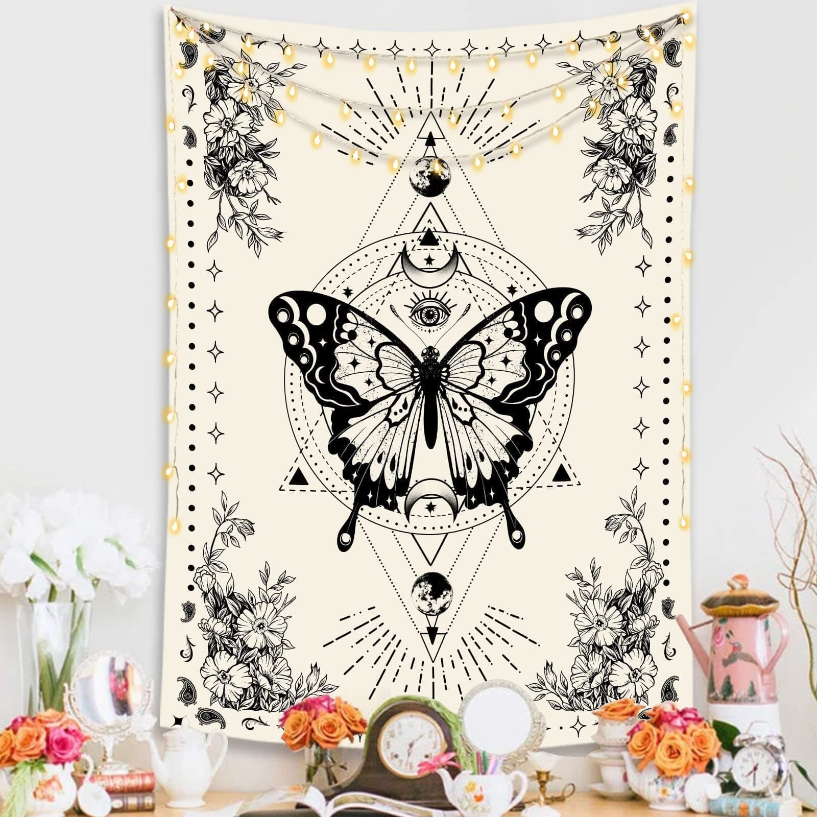 Lunerfex Butterfly Tapestry Trippy Tapestry Tarot Tapestry Boho Moon White tapestries Wall Hanging for Bedroom