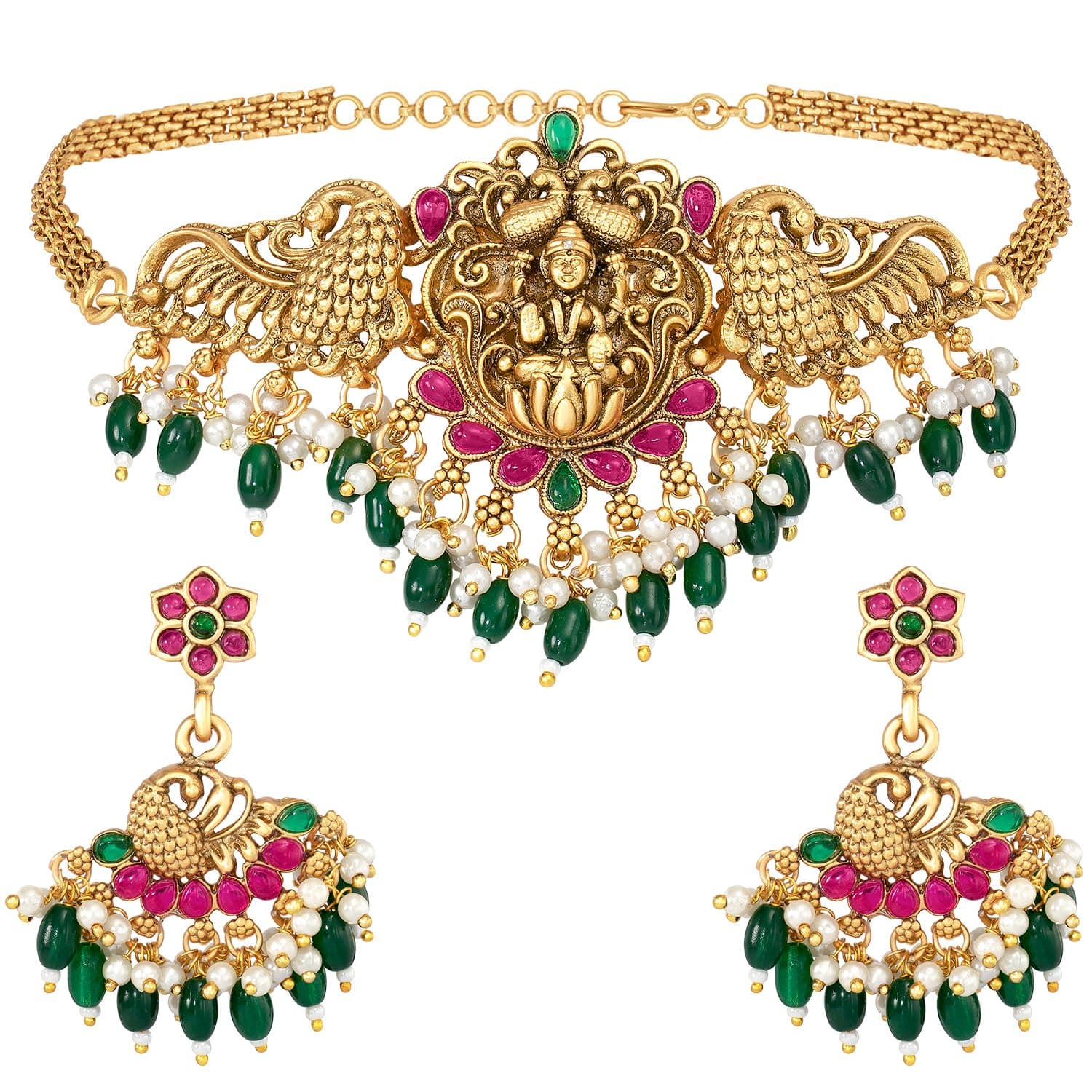 Peora Gold Plated Red Green Beads Choker Necklace Earrings Set Women