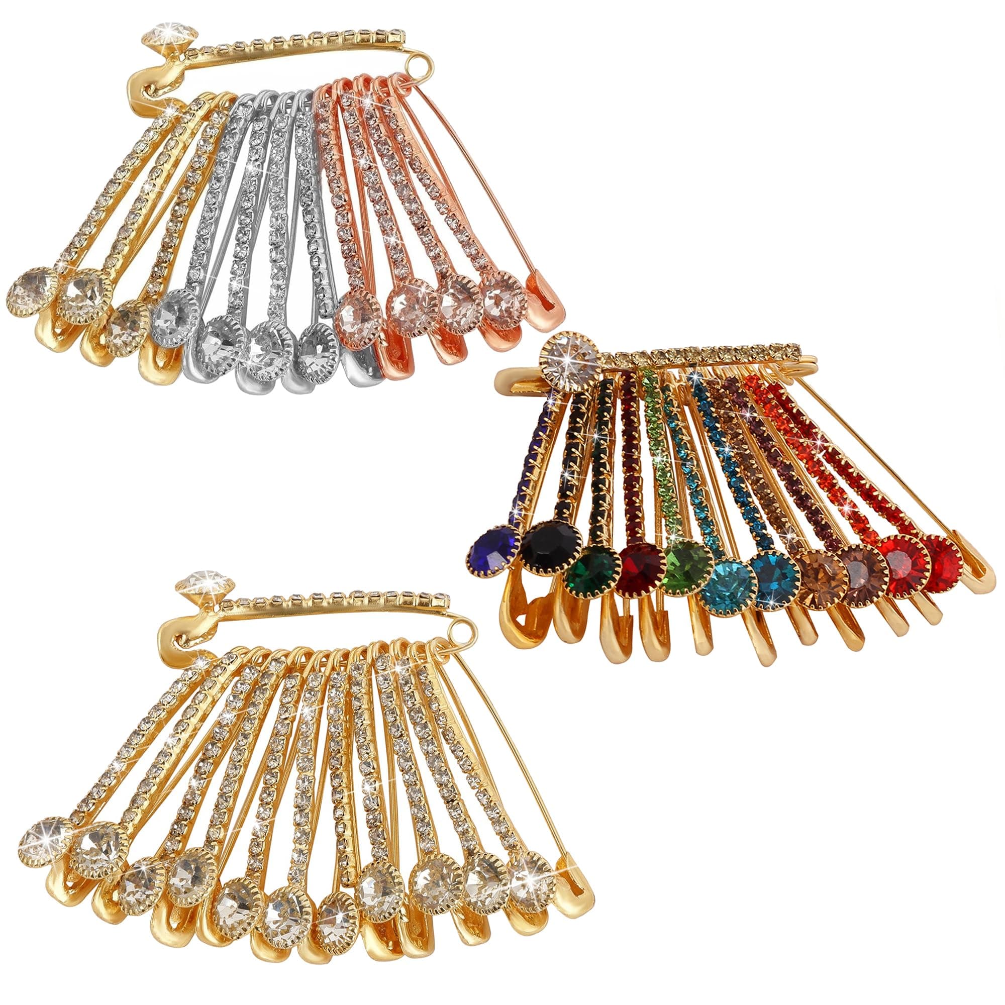 VAMA FASHIONS Gold Plated Multicolor Safety Pins Crystal Rhinestone Multipurpose Broochs Coat Jacket Dress Gown Shawl Dupatta Combo Saree Pin For Women