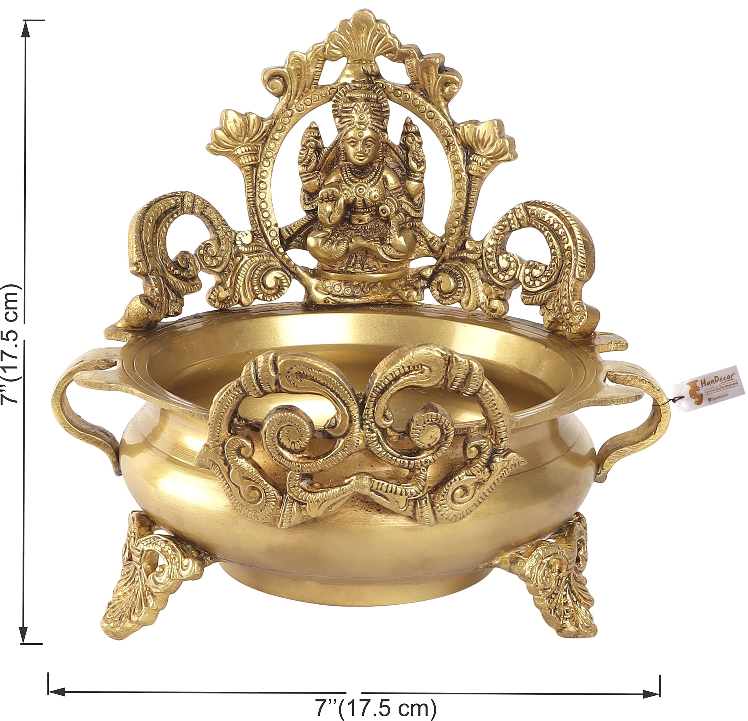 Two Moustaches Brass Ethnic Indian Carved Laxmi Design 7 Inches Brass Urli Decor Bowl Showpiece, 1 Piece, Golden