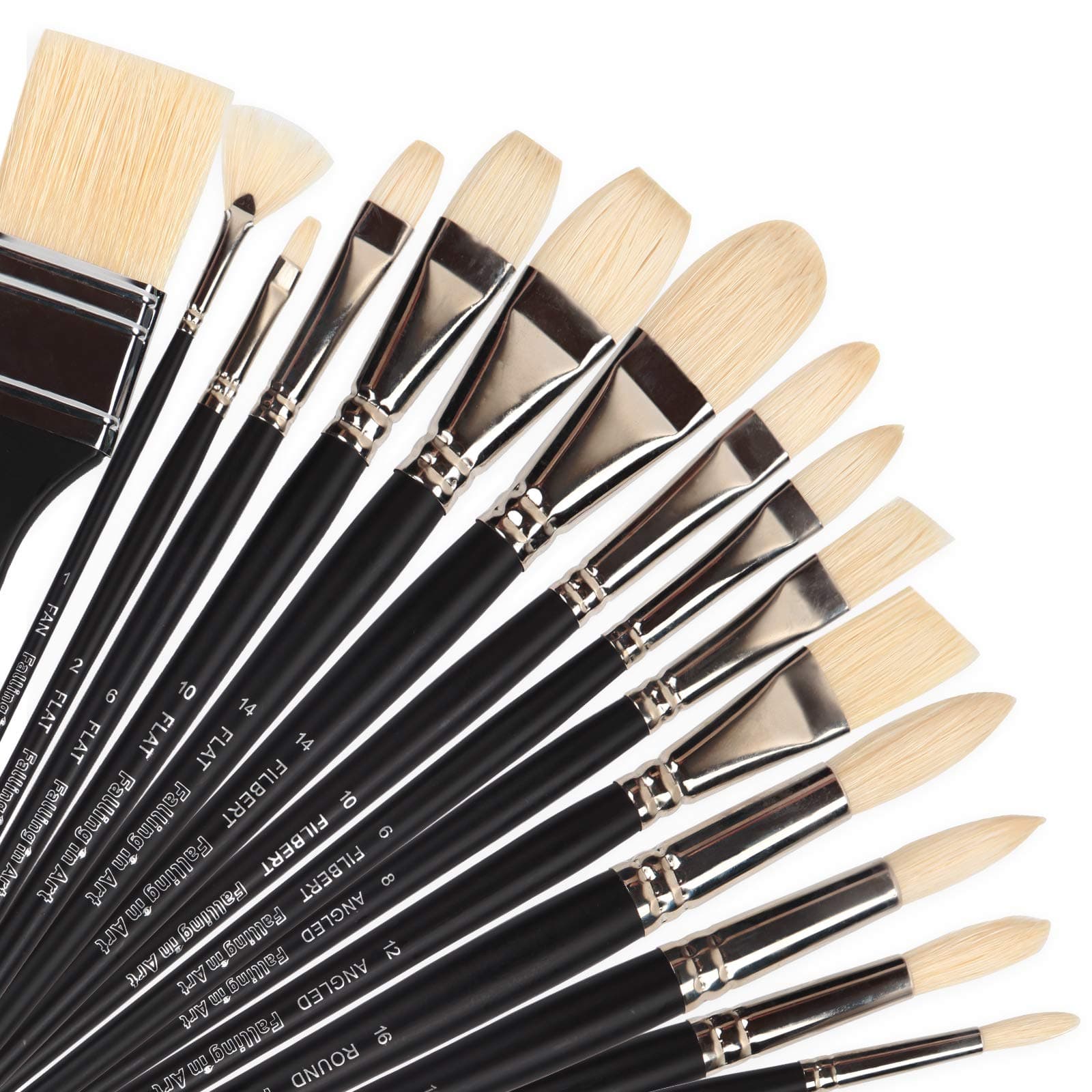 Falling in Art 15 Pcs Professional Oil Paint Brush Set, Natural Hog Bristle