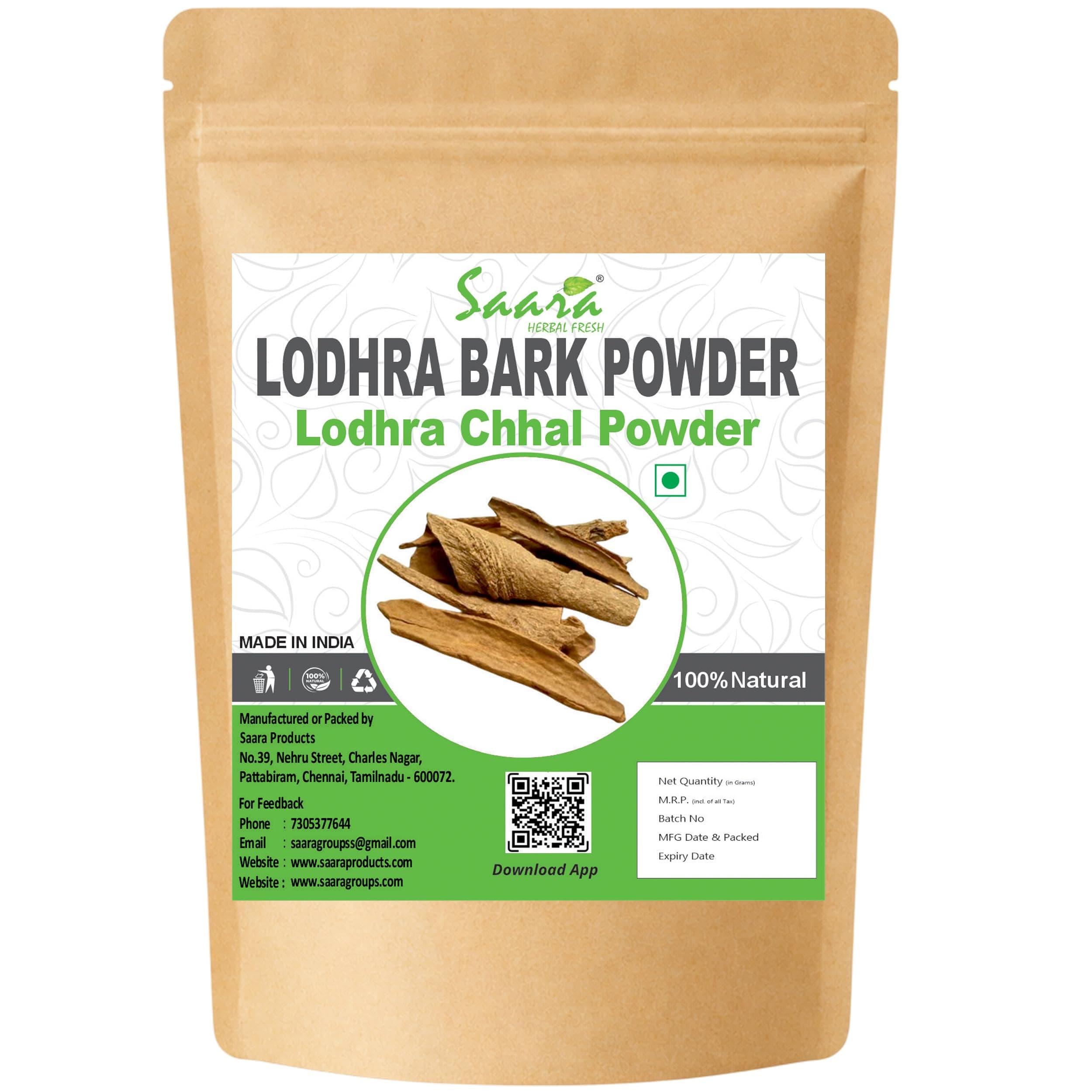 Saara HERBAL FRESH Lodhra Bark Powder, 70g | Lodhra Chhal Powder | Lodh Pathani | Symplocos Racemosa Bark | Pathani Lodh Powder | Lodhra Powder | Lodhra Pattai Powder, 70g