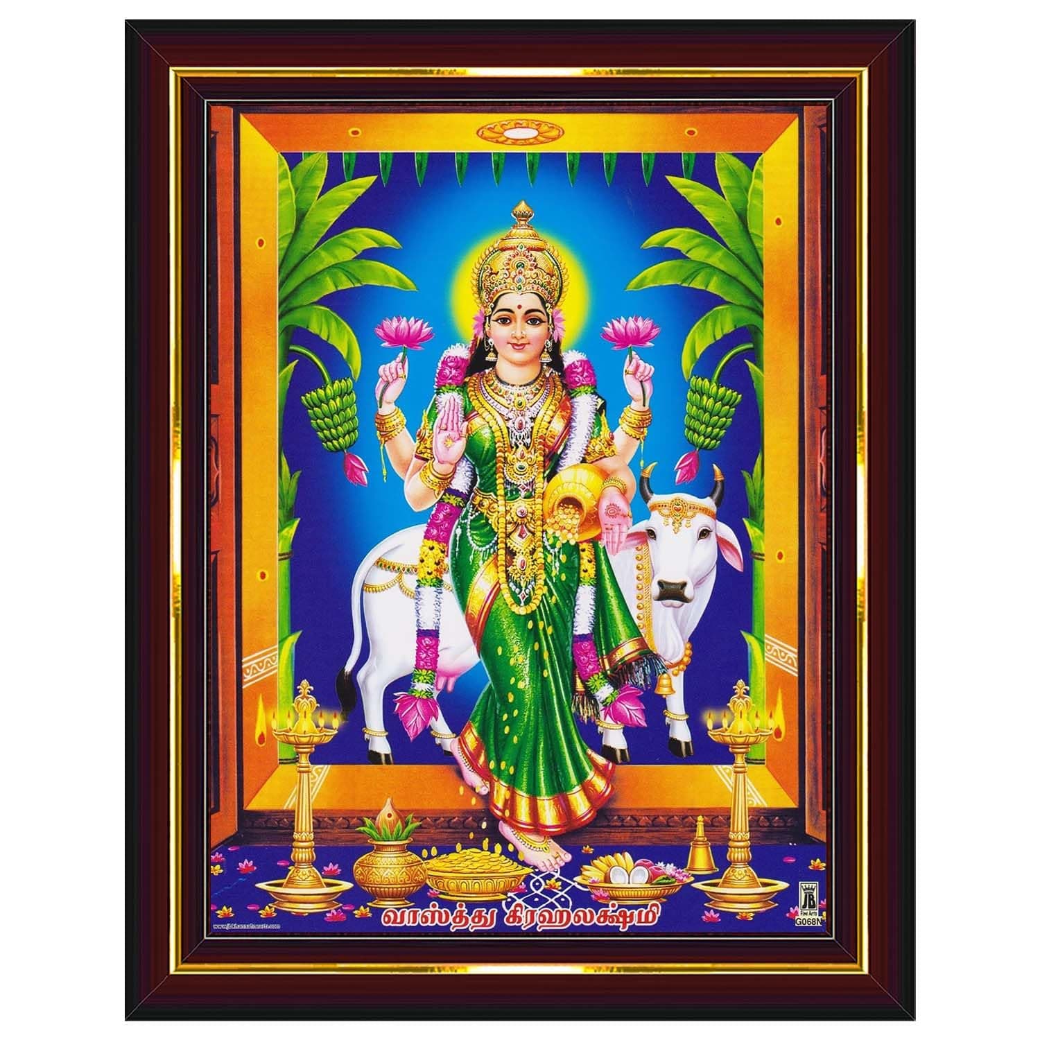 Pavan Photo Laminations Goddess Lakshmi Devi Gruha Gruhalakshmi Cow Wall Painting Framed Home Decor (Wood,Acrylic,Brown,Small Size,6x8 Inch) B364S
