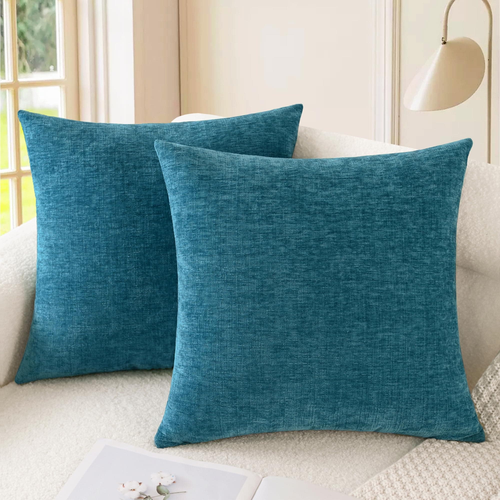 CaliTime Pack of 2 Cozy Throw Pillow Covers Cases for Couch Sofa Home Decoration Solid Dyed Soft Chenille 18 X 18 Inches Ocean Blue