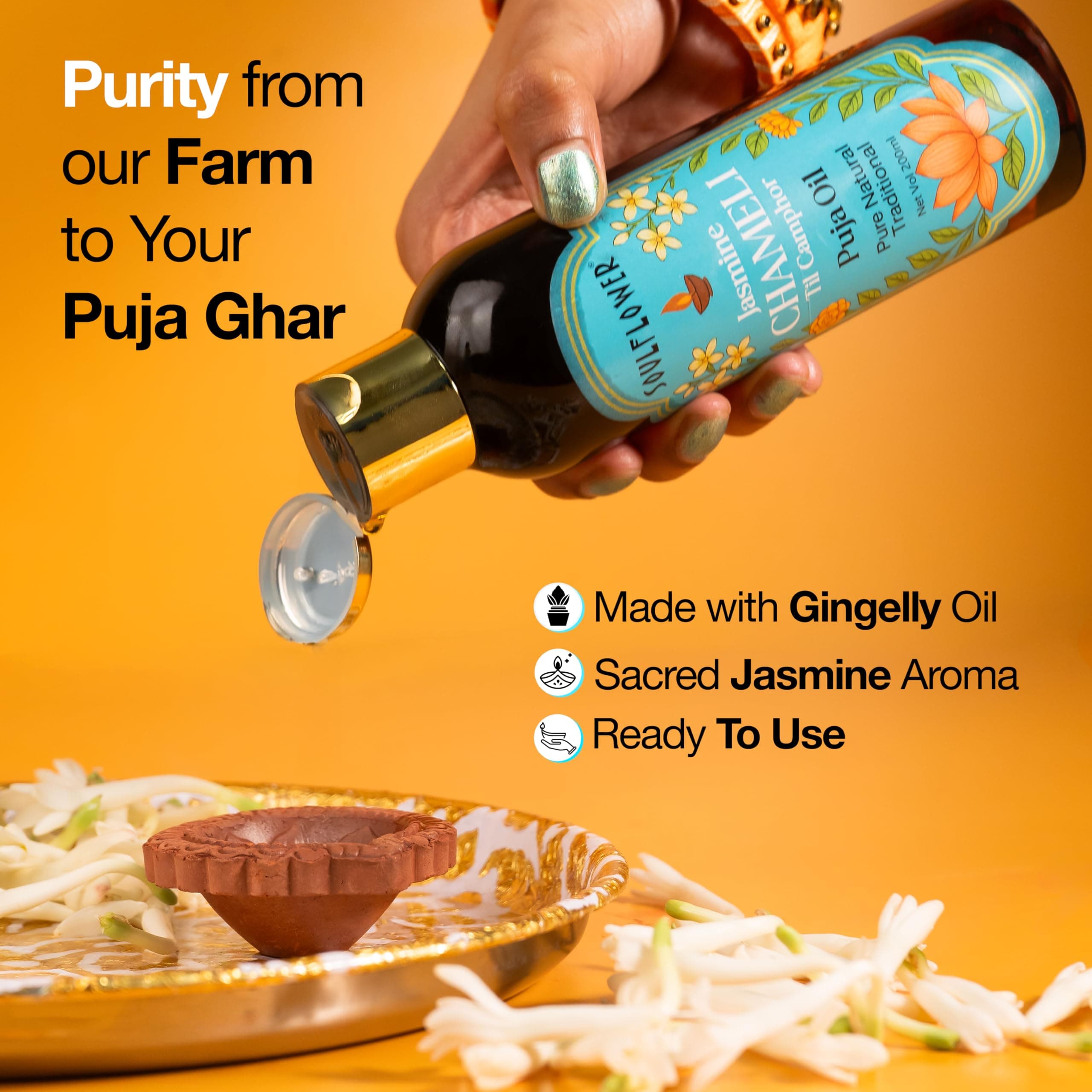 Soulflower Chameli Puja Oil, Smoke & Soot Free | Perfect for Pooja, Havan, Aarti, Tika, Mandir, Home, Worship and Lamp | Lasting Chameli Aroma | 200ml