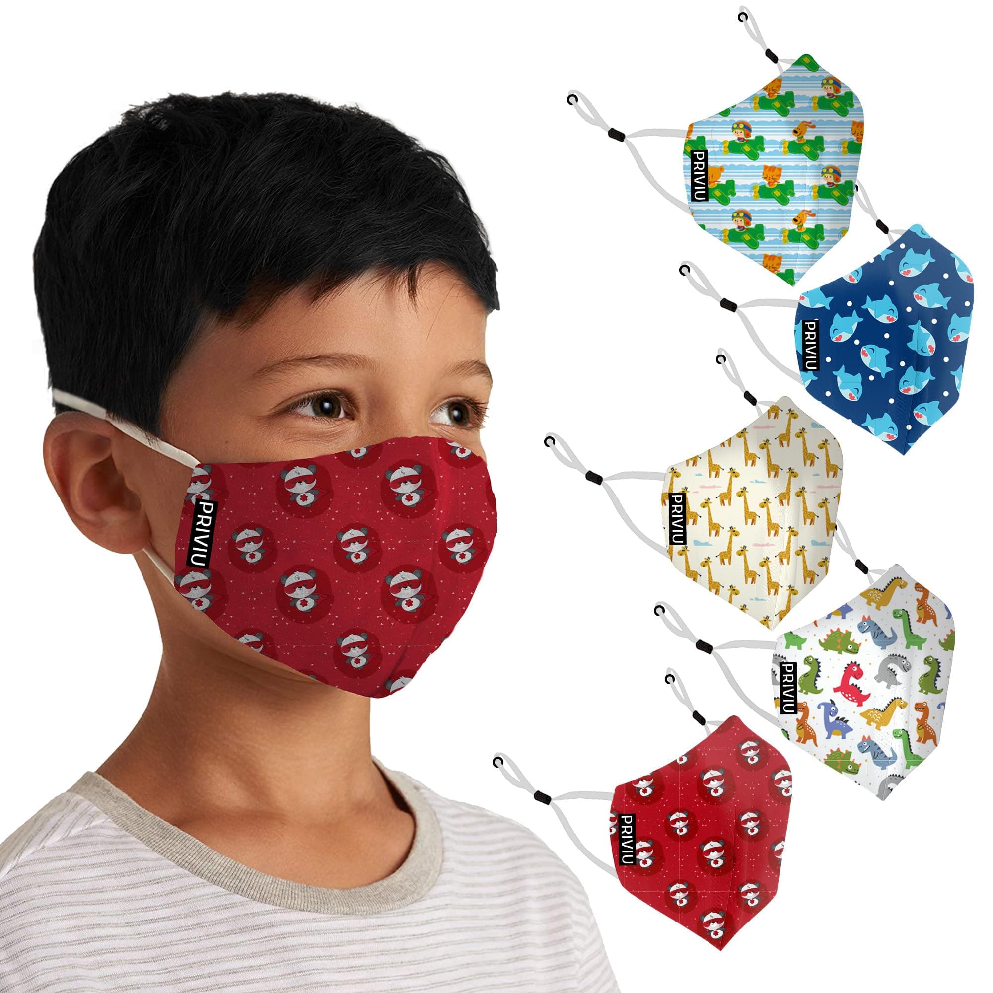 PRIVIU Masks for Boys and Girls 3 to 6 Years, Washable Reusable, Comfortable Pollution Face Mask with Adjustable Ear Loop, 4 Layer with Pure Cotton Inner Cloth, Pack of 5