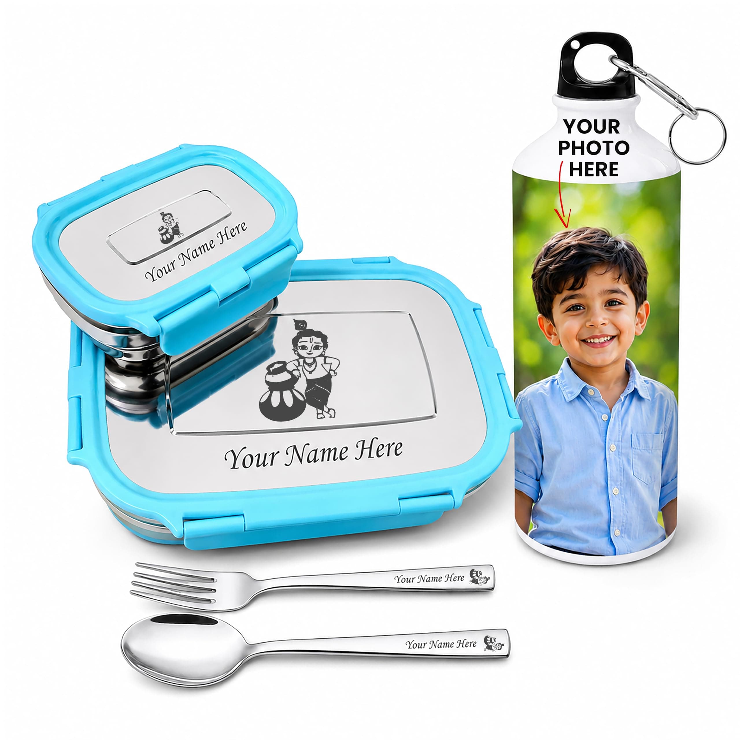 SAVRI Personalized Kid Combo of Photo Printed Bottle with Your Child Favorite Picture and Customized Lunch Box with Spoon & Fork with Your Child Name and Character Engraved.