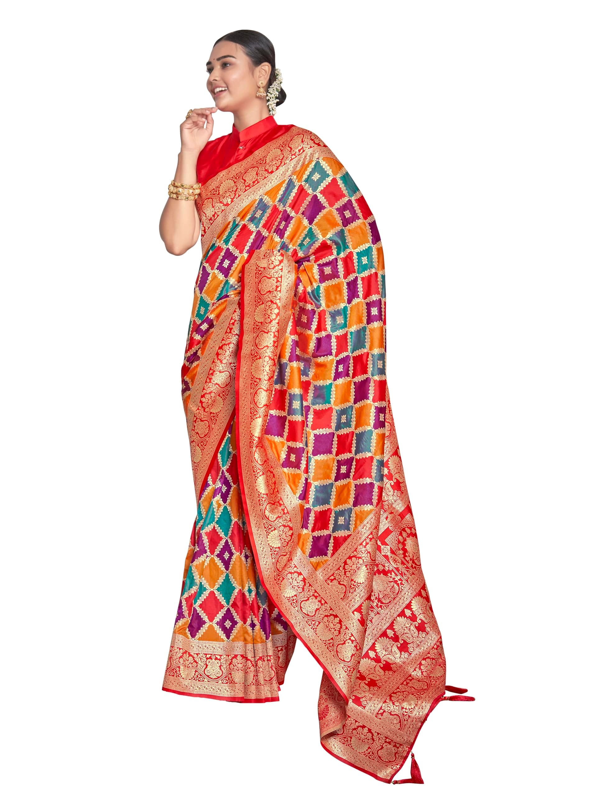 MANOHARI Women's Trendy Banarasi Woven Saree with Heavy Jacquard Work, Elegant Design, Silk Saree with Maching Lace Border Unstitched Blouse Piece for Weddings & Festive Occasions