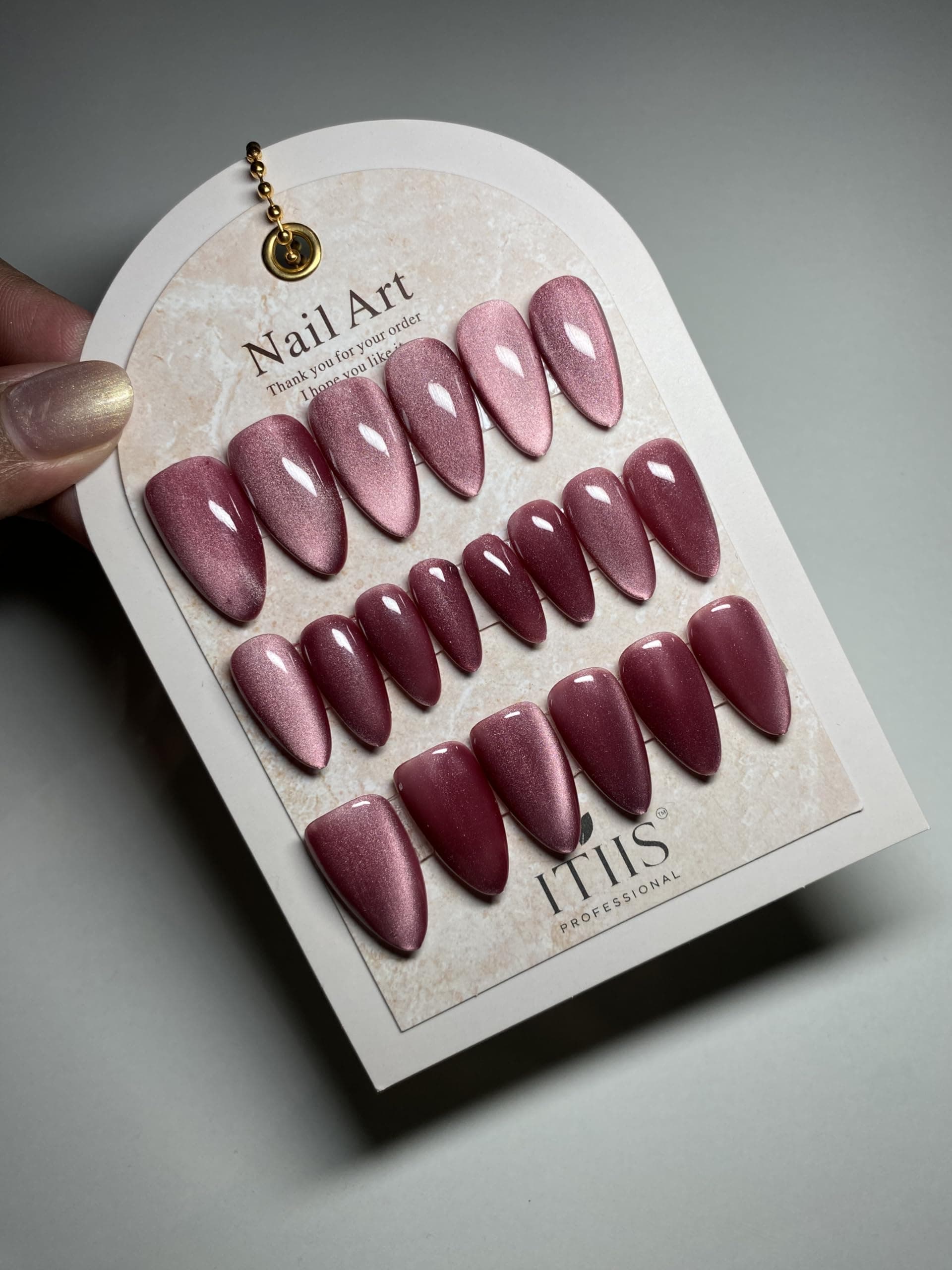 Ottilio Handmade Velvet Pink Cat Eye Press-On Nails | Mid Almond Shape Reusable Artificial Nails Kit | Double Tap Glue & Wooden Cuticle Pusher | Salon Finish for Women