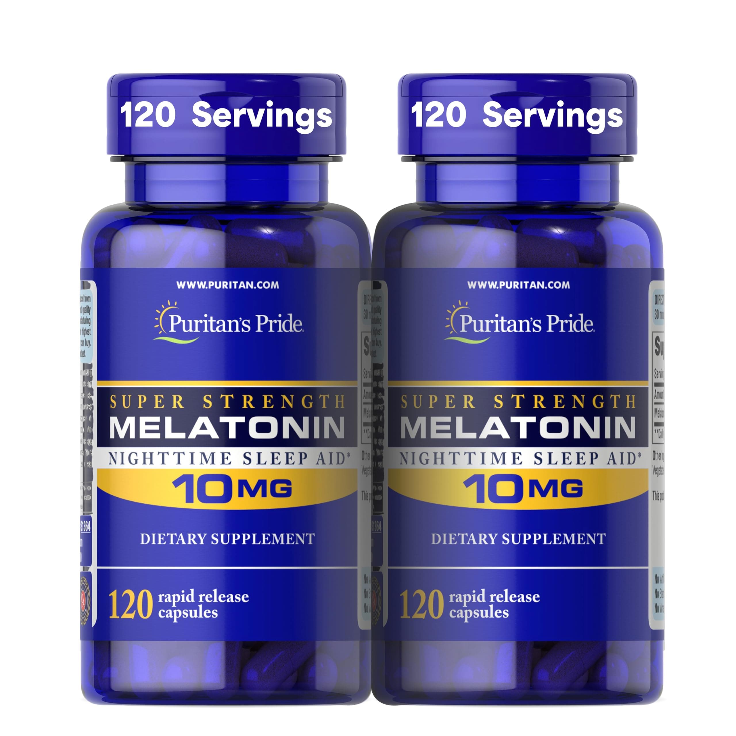 Puritan's Pride Super Strength Rapid Release Capsules Melatonin 10 mg -- 2 Bottles each of 120 Count