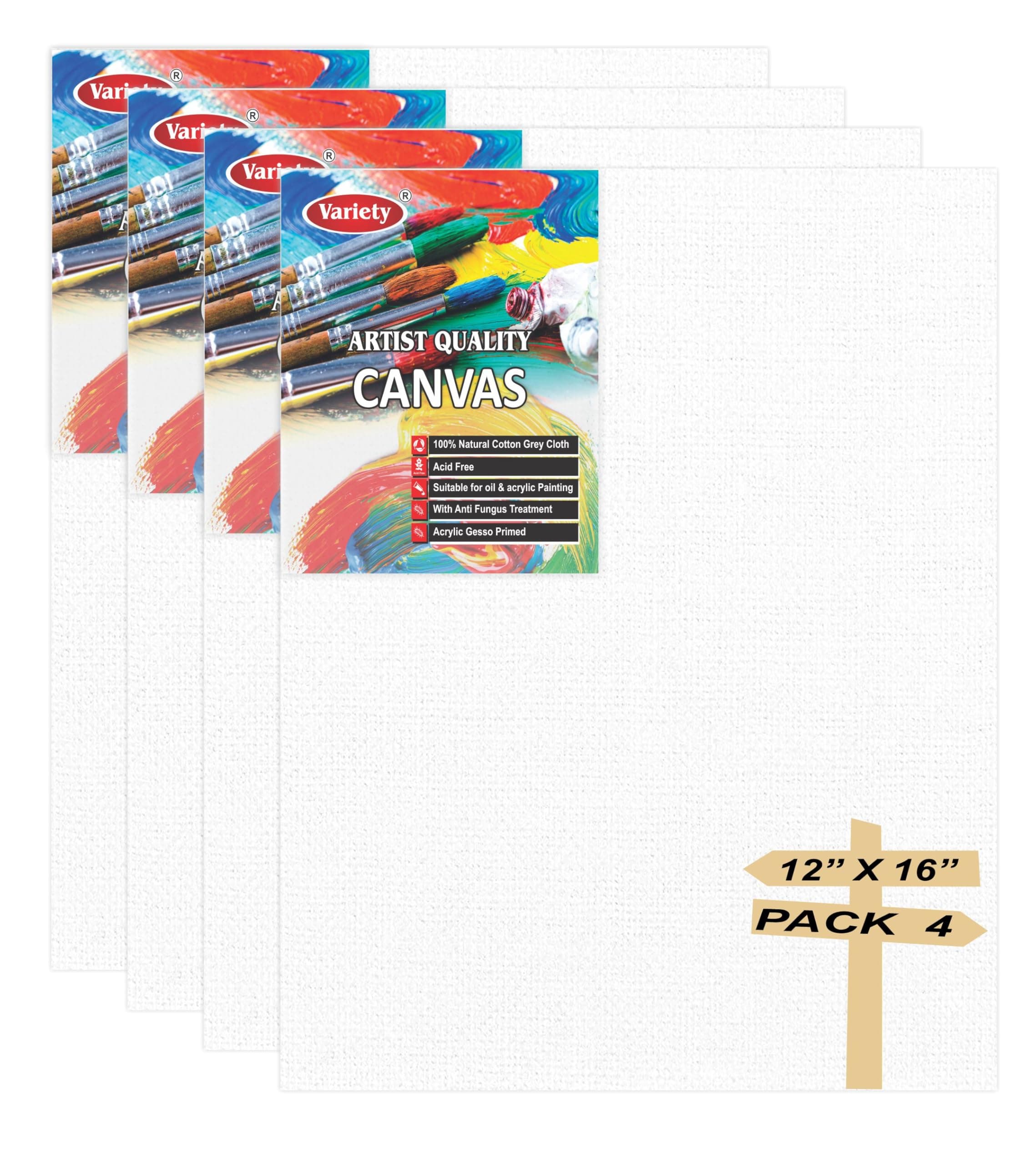 Variety 12 X 16 Inch Cotton Canvas Board for Painting, 7OZ Primed, Pack of 4 Piece, White Color White