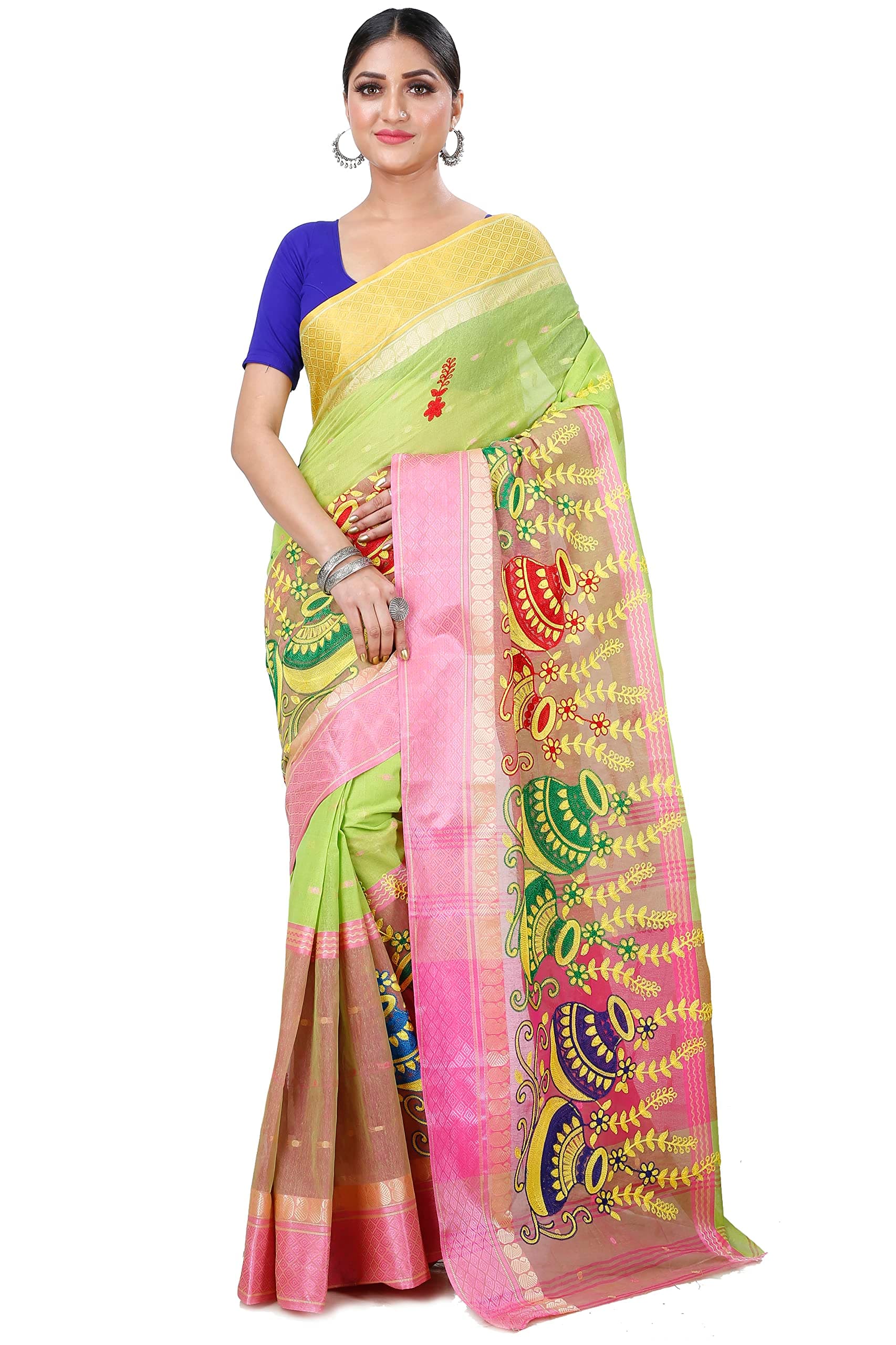 Niharika Collections Women Pure Cotton Bengali Kalash Embroidery Tant Saree