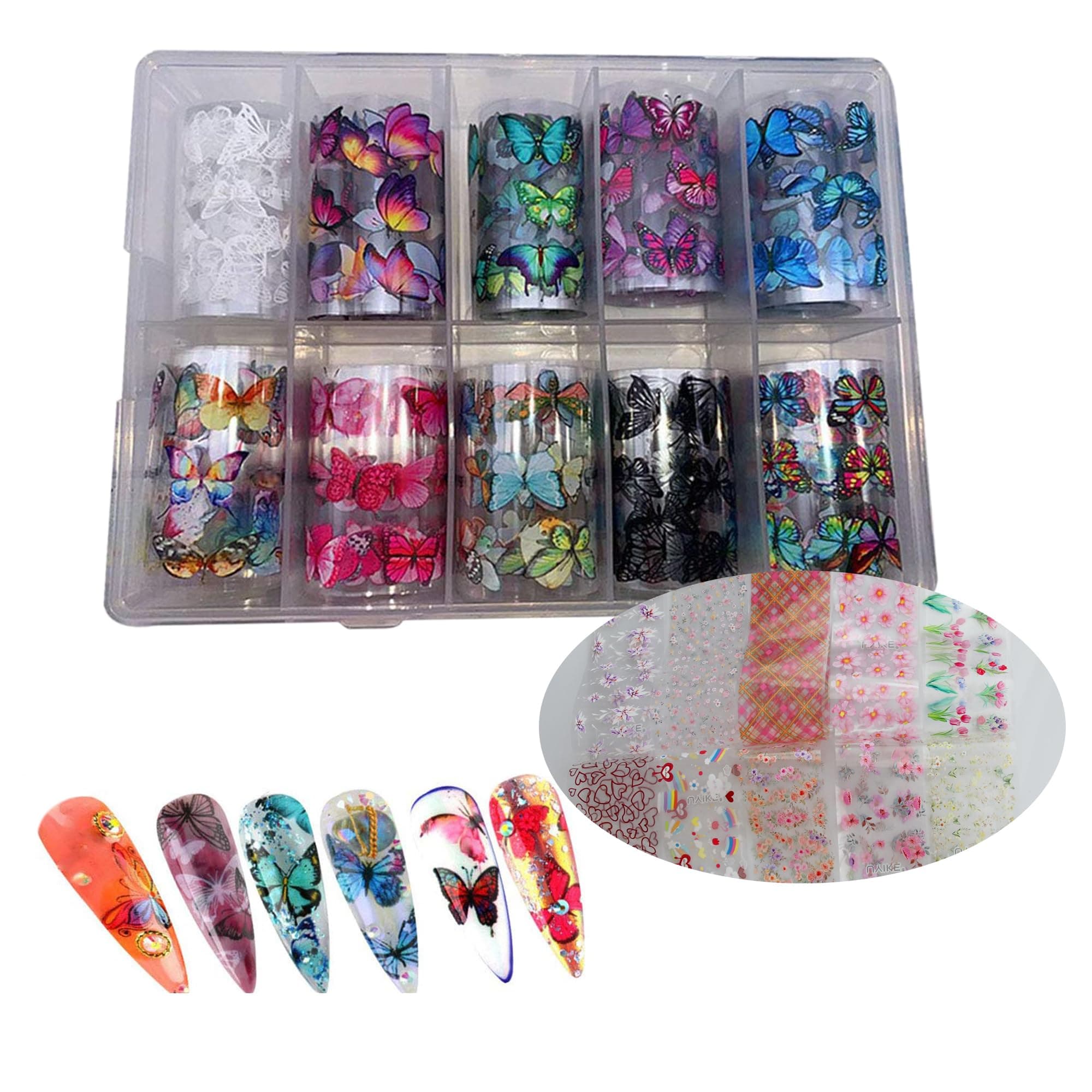 LLAMEVOL Butterfly & Flower Nail Stickers, Colorful Foil Transfer Decals for Fingernails & Toenails, 10 Count Roll, Paper Material, Salon Use