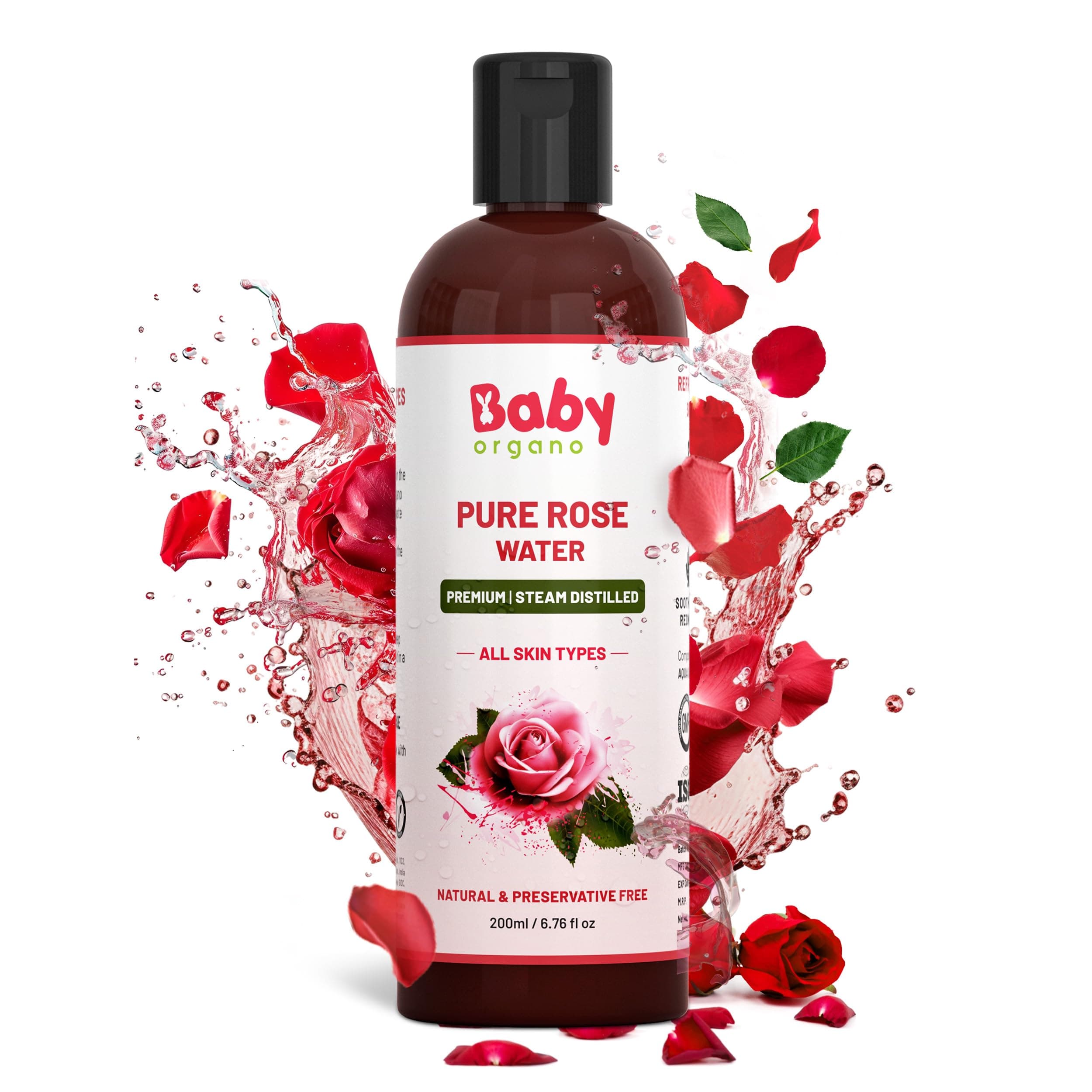 BabyOrgano Ayurvedic Rose Water for Face 1+ Months | Steam-Distilled Kannauj Roses | Skin Toner, Face Mist & Makeup Remover | Balances pH, Tightens Pores | Preservative & Chemical-Free | 200ml (Pack Of 1)