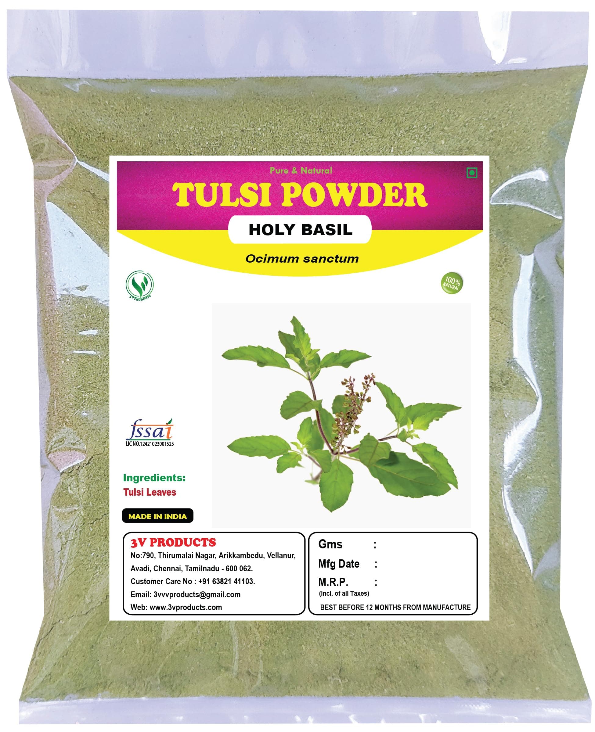 3V PRODUCTS Tulsi Powder | Ocimum sanctum | Holy Basil Leaf 100 grams