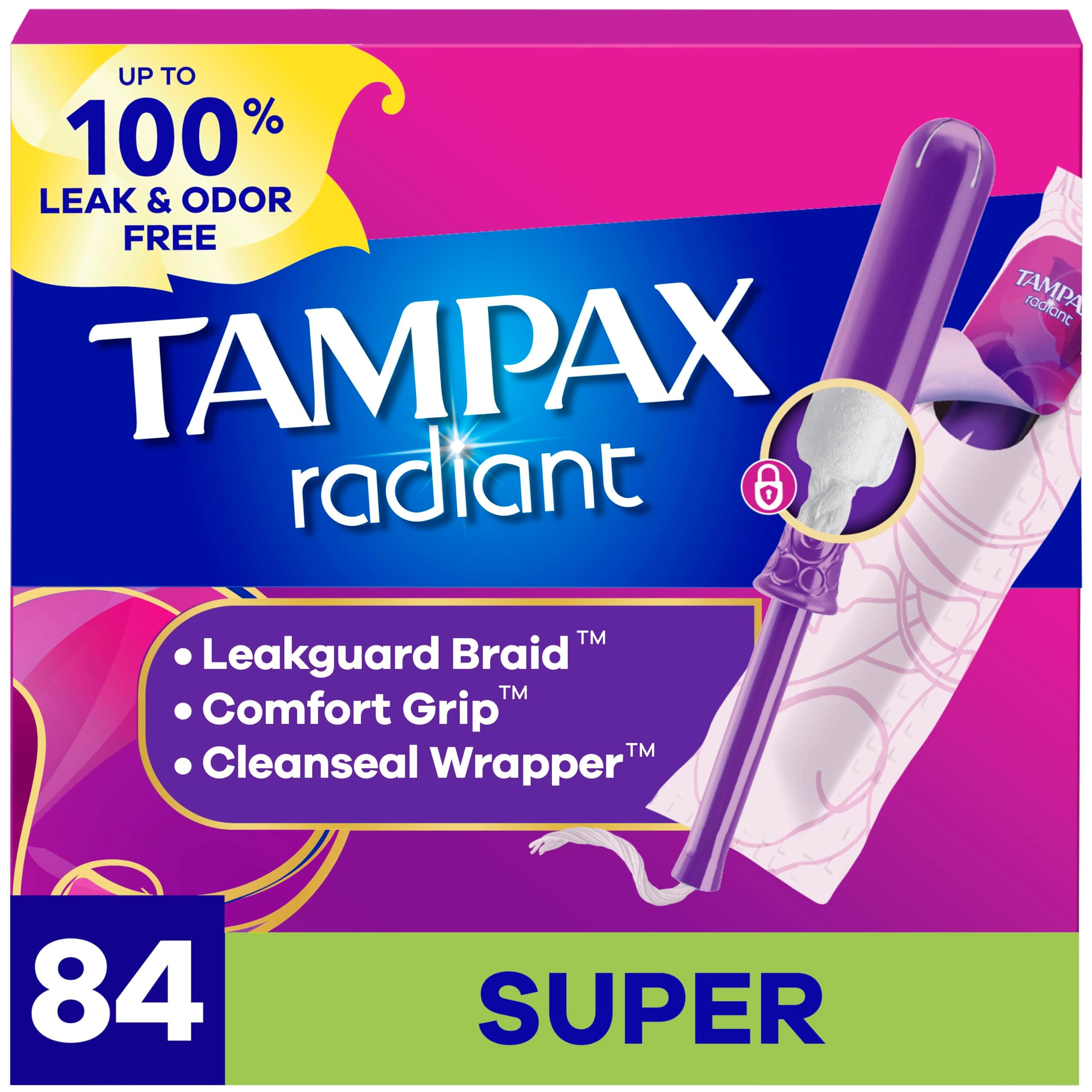Tampax Radiant Tampons with Leakguard Braid, Super Absorbency, Unscented, 84 Count