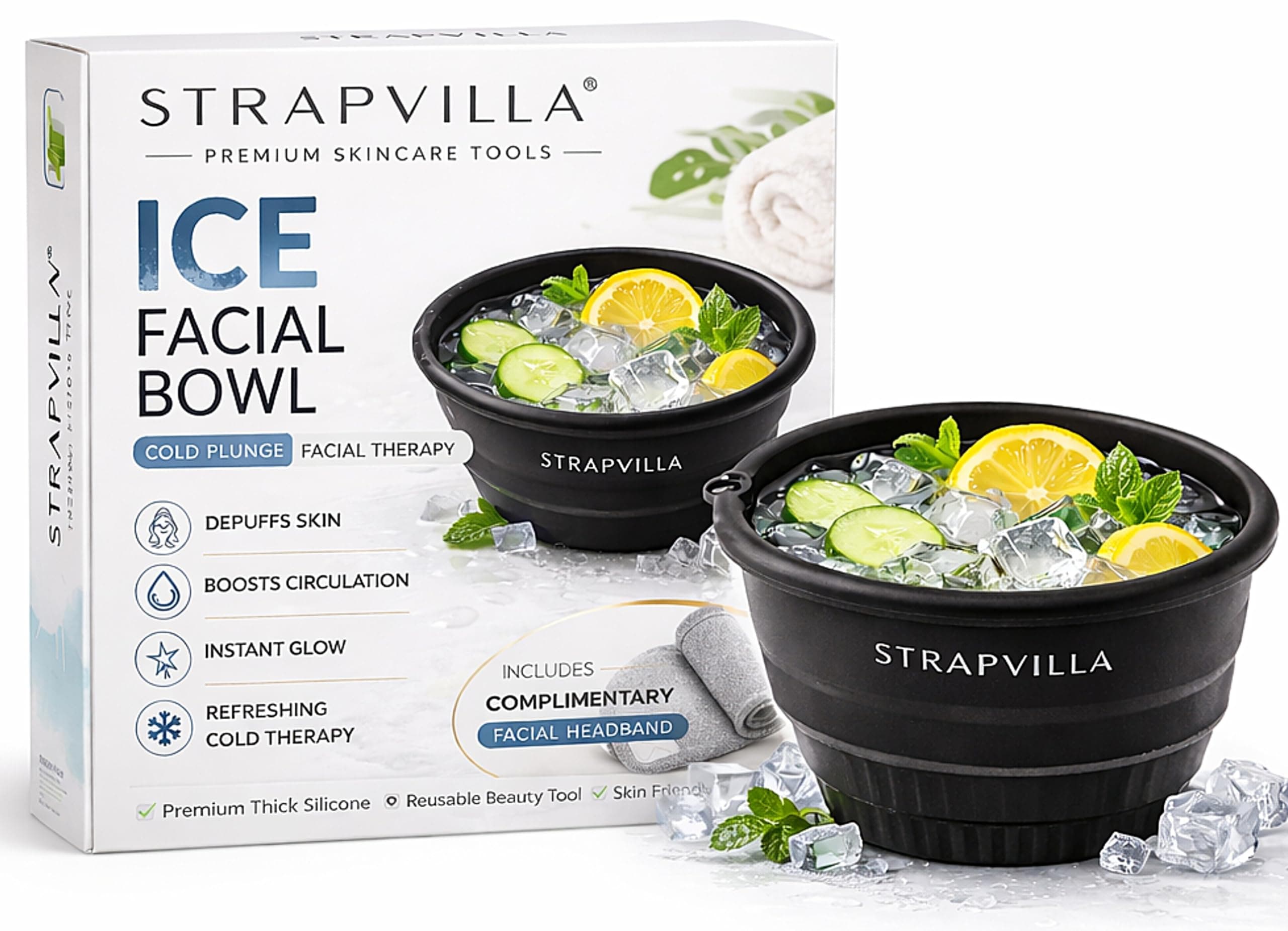 STRAPVILLA Premium Face Ice Bowl for Facial Icing Therapy, Silicone Face Ice Bowl for Face Dipping Routine, Large Ice Face Bowl, Skin Tightening & Puffiness Relief, Foldable Design with Hair Headband