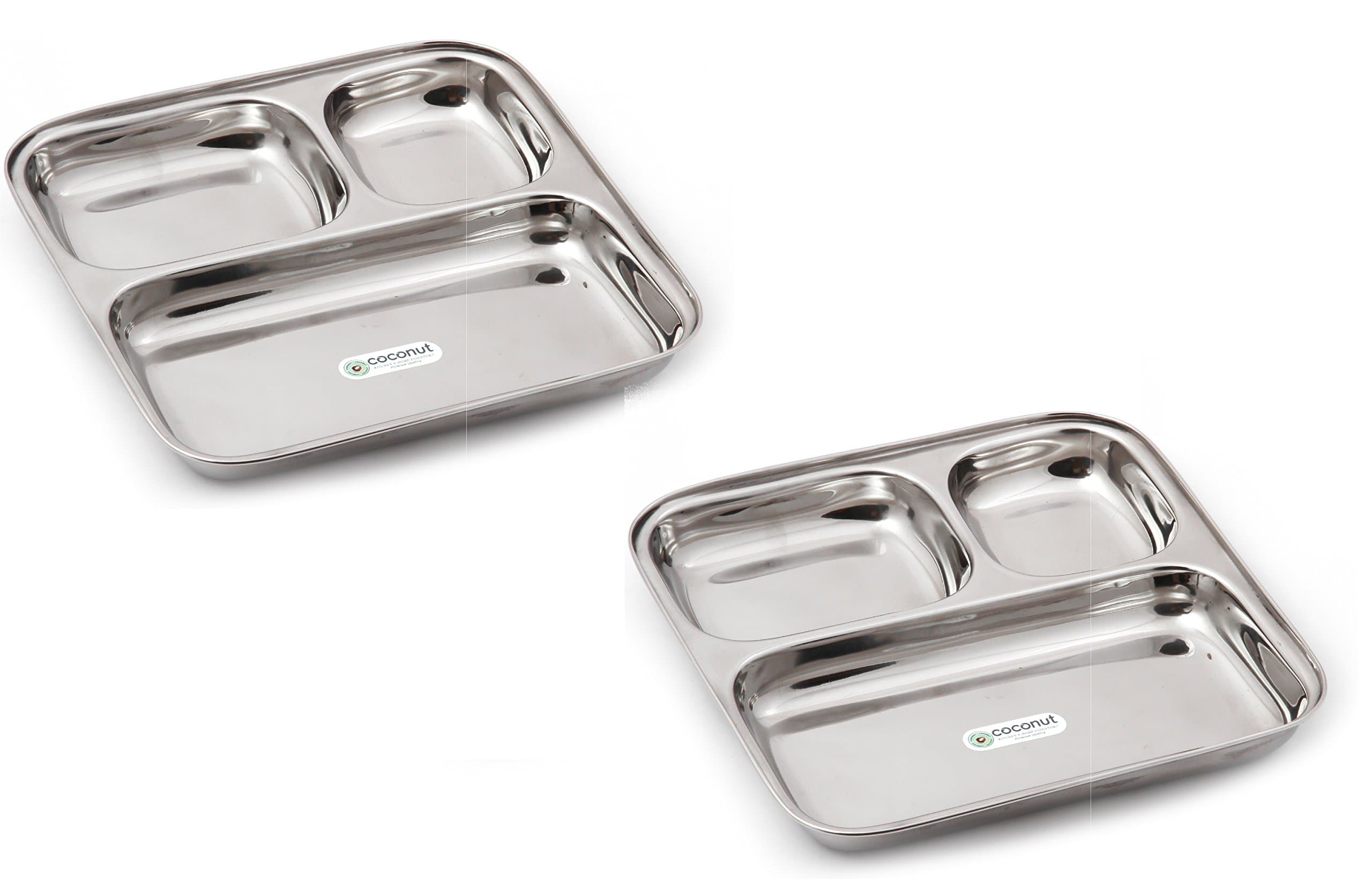 coconut Stainless Steel Partition Plate – Small Pav Bhaji Plate, Durable 3 Compartments Thali, Rustproof, Multi-Compartment Dinner Plate for Kids & Adults Set of 2, 8 Inches