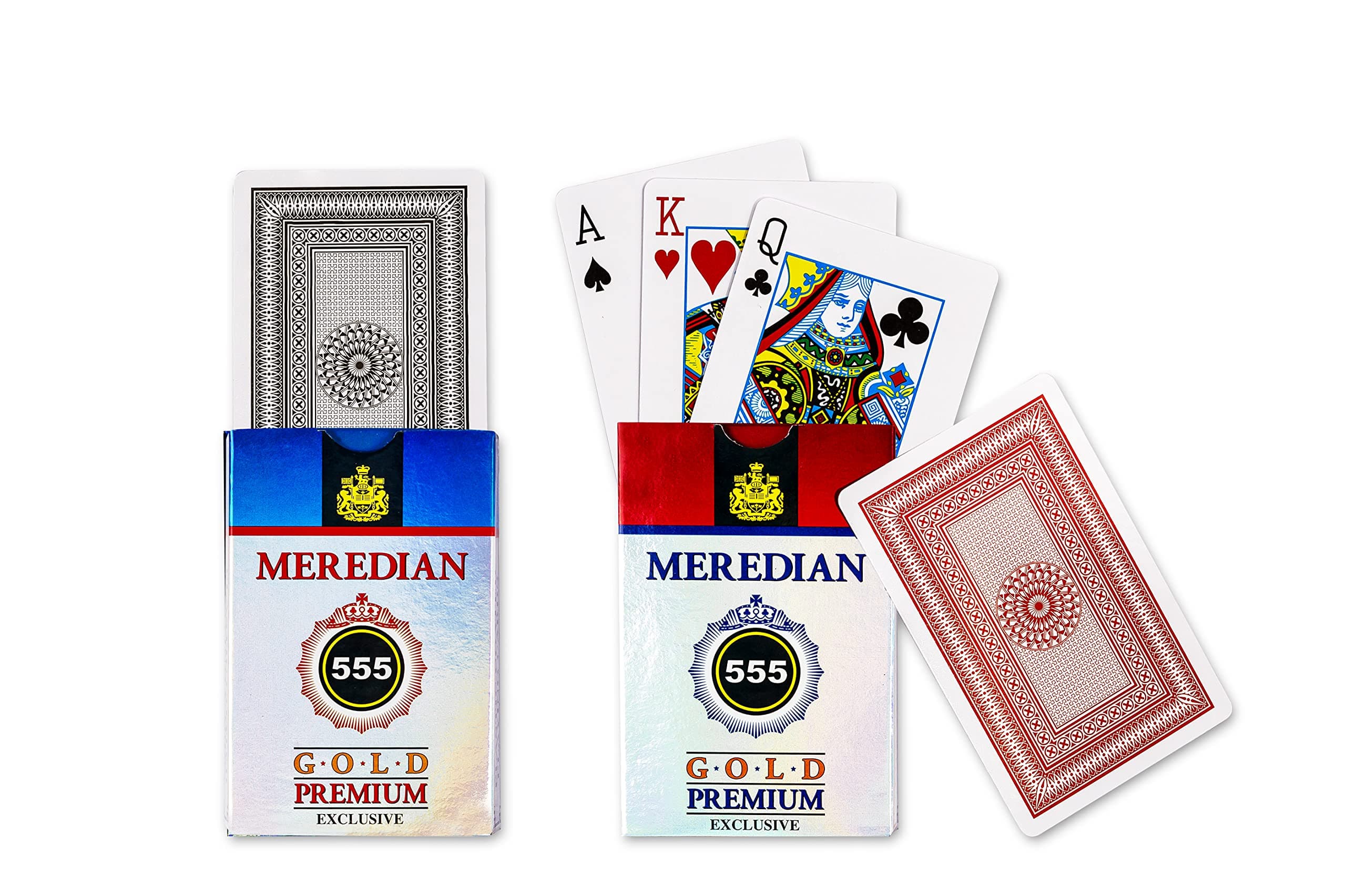 Meredian 555 Gold Premium Exclusive, Paper Playing Card Game, Bridge Size, Regular Index, Red & Black, Pack of 2 for Adult
