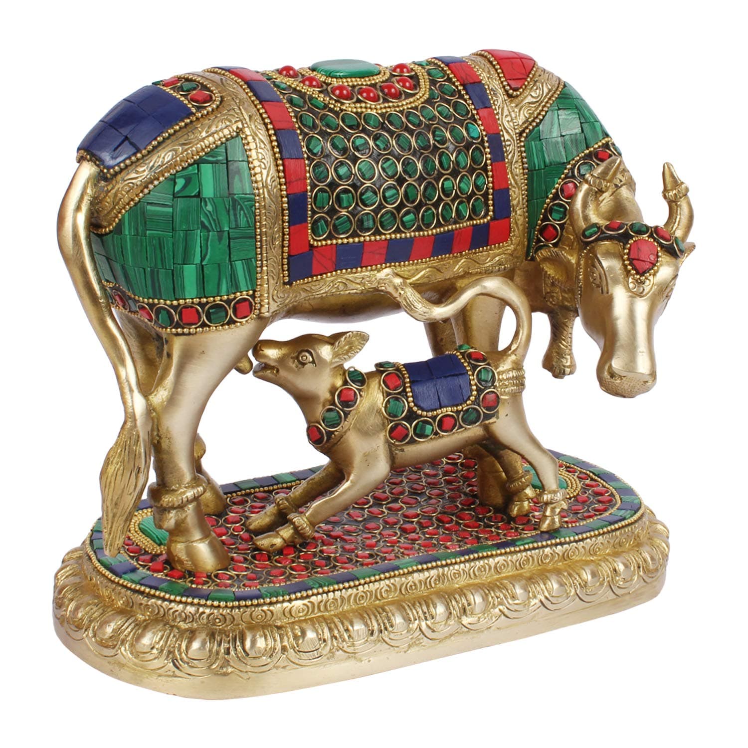 ARTVARKO Brass Kamdhenu Cow with Calf Kamadhenu Brass with Multicolor Gemstone Handwork Home Decor Puja Gift 4.25 Kg (LxBxH 8.5 x 4.5 x 7 Inches)