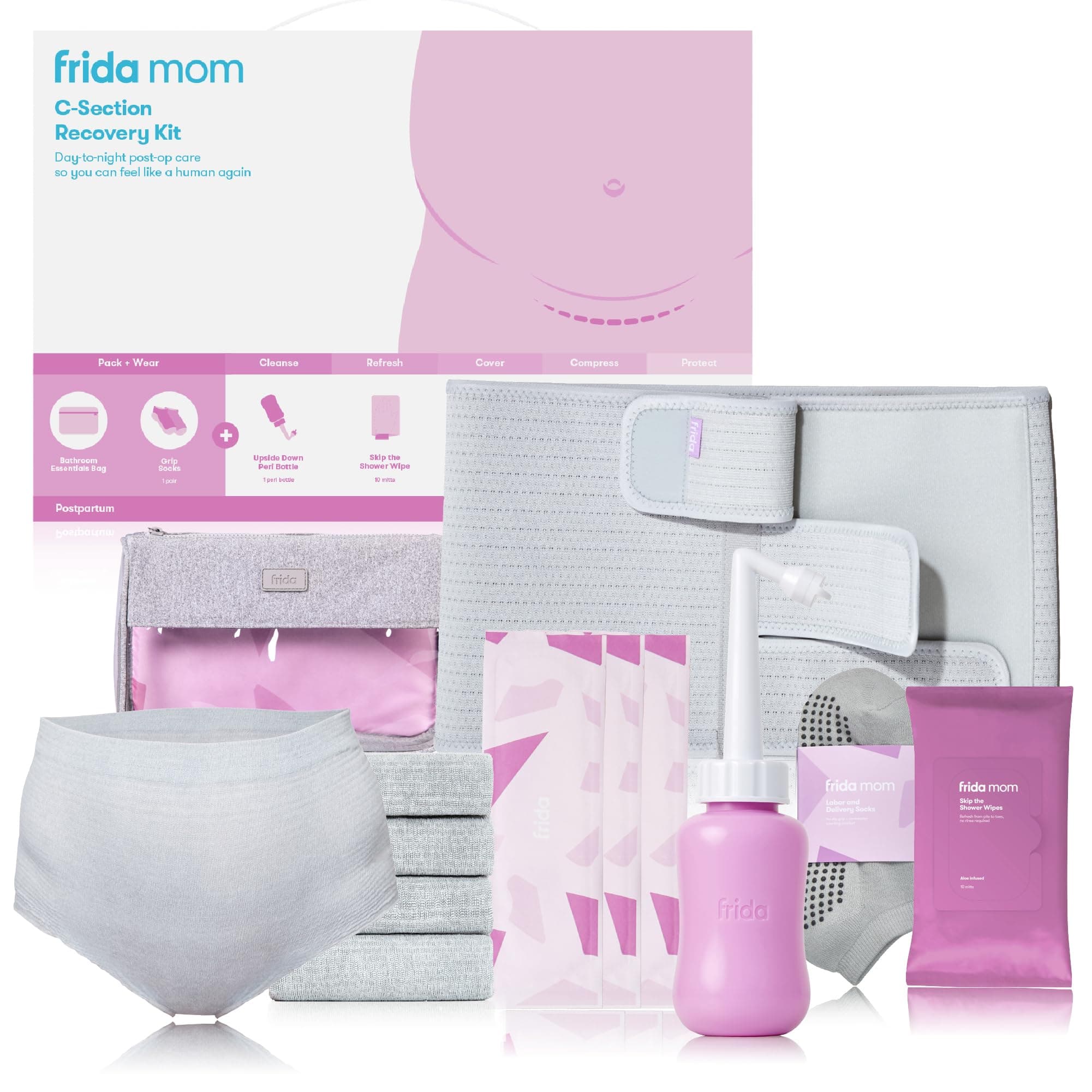Frida Mom C-Section Recovery Kit for Labor, Delivery, & Postpartum| Socks, Peri Bottle, Disposable Underwear, Abdominal Support Binder, Shower Wipes, Silicone Scar Patches, Toiletry Bag