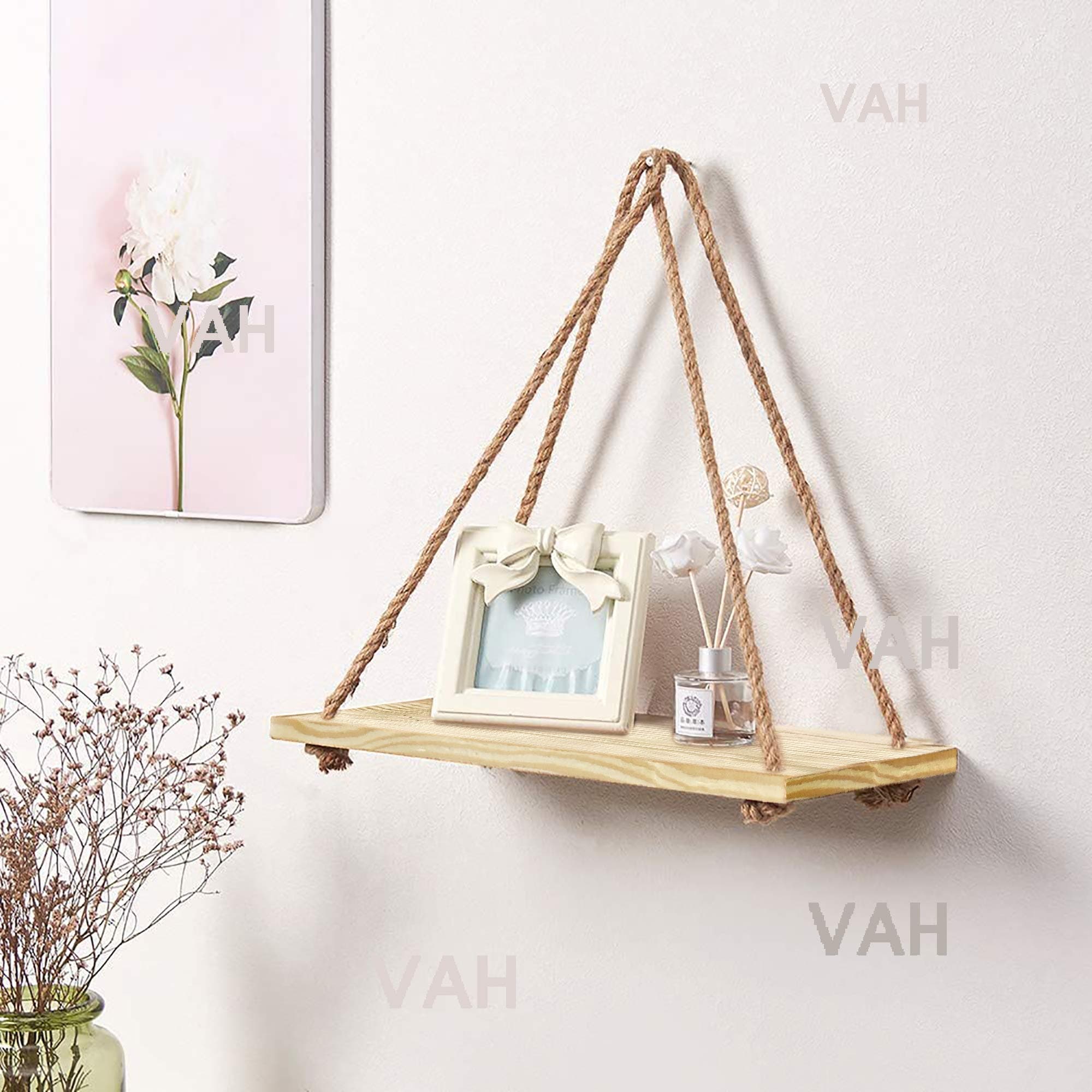 VAH Wall Hanging Shelf Wood Floating Shelves for Wall Rustic Rope Shelves Plant Shelf