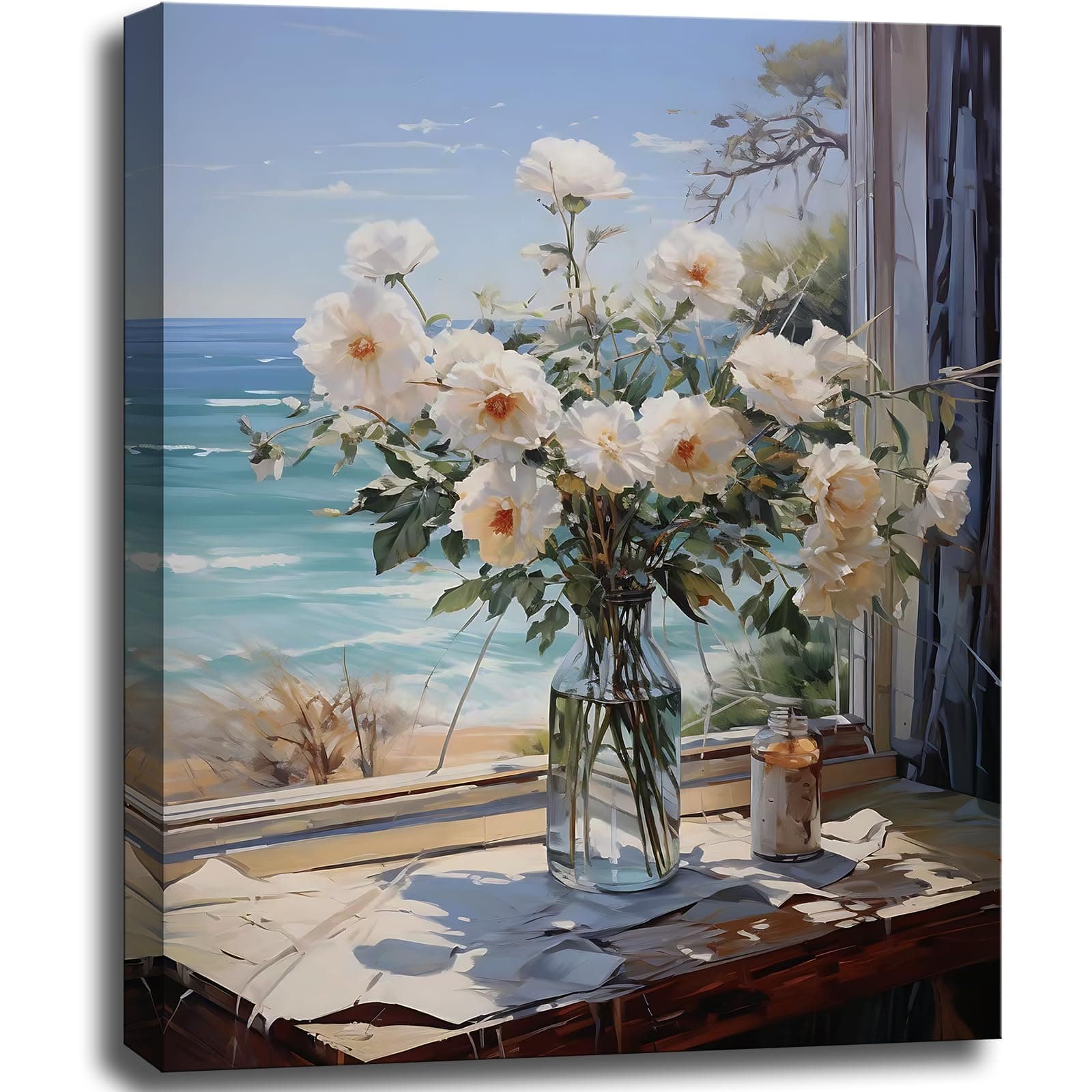 Bathroom Decor Blue Beach Wall Art Flowers Ocean Theme Picture Canvas Print Modern Coastal Seascape Painting Framed Floral Artwork for Bedroom Office Decoration 12x15 inch