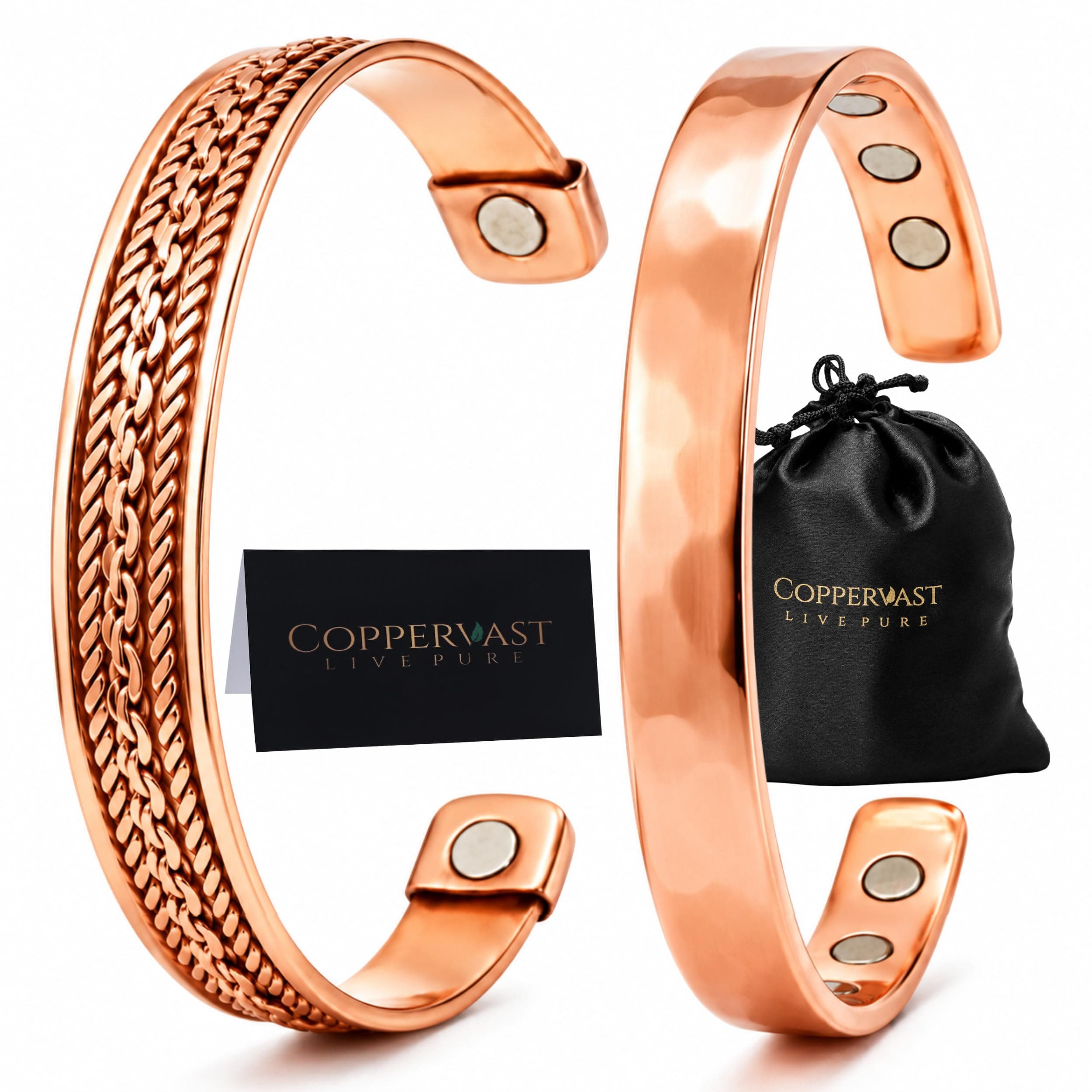 2 Handmade Copper Bracelets for Men and Women-Arthritis Therapy Magnetic Bracelets with 6 Powerful Magnets-Effective & Natural Relief for Joint Pain and Arthritis(Set of 2-Hammered +Chain Inlay)
