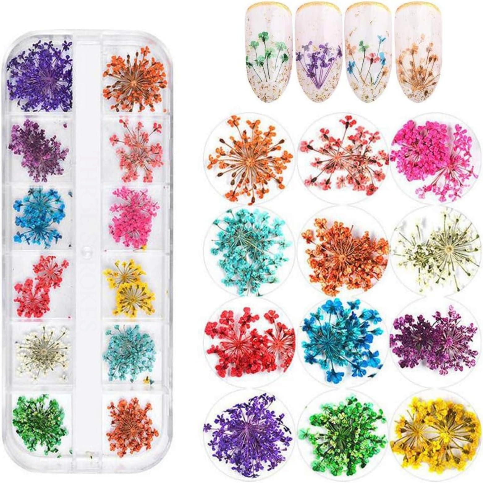 THR3E STROKES 12 Colors Dried Flowers for Nail Art, 1 Box Dry Flowers Mini Real Natural Flowers Nail Art Supplies 3D Applique Nail Decoration Sticker Decor (A)