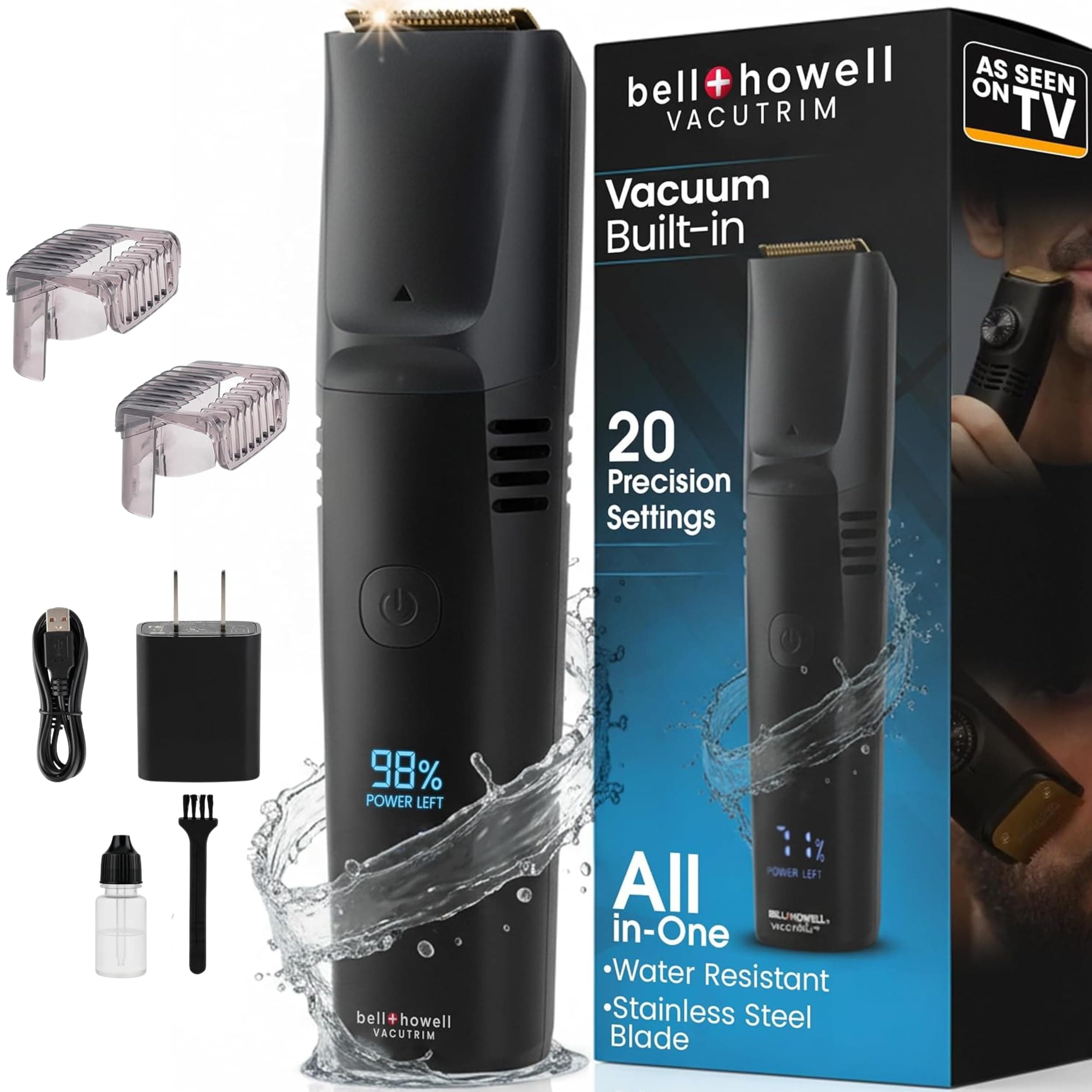 Aspirtrim Deluxe Titanium Blade Cordless Hair Trimmer with Battery LED Display As Seen on TV by Bell+Howell Professional, Powerful Suction Rechargeable Hair Clippers for Men