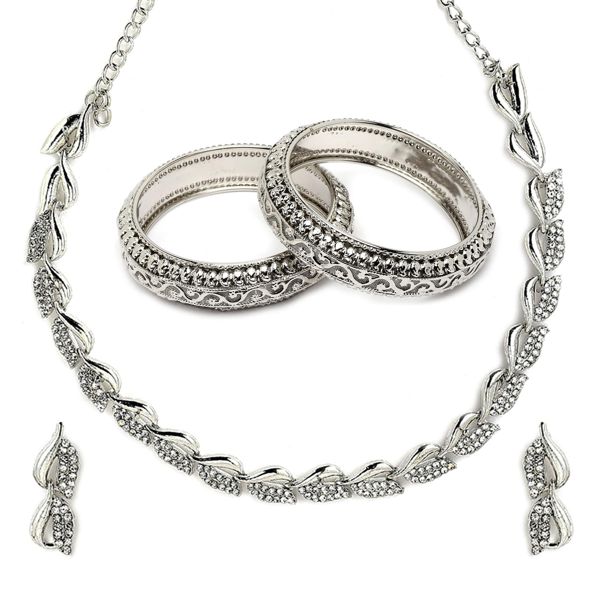 ZENEME Set of 4 Antique Finish Oxidised Silver-Toned White CZ Leaf Necklace Set for Women & Girls | Oxidized Silver-Toned AD Matching Drop Earrings & Designer Bangles Pair (Size 2.6)